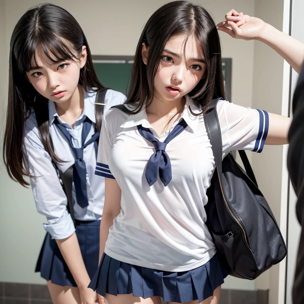 Innocent beautiful schoolgirl in revealing school uniform screams with her mouth open in shame:1.2, A female student who was stripped of her school uniform by a male student shows a shy pose, Being stared at by male students at close range, Vivid and realistic, Face close up, She tries to hide her panties with a mini shirt, but it&#39;s too short, Being molested by a horny middle-aged man:1.3, A beautiful girl with a  face like an idol, Wavy princess cut:1.3, Confused by viewers&#39; lewd gazes, Ultra-high resolution, 2k, Clear white skin, Slender body, Japanese, Anatomically correct