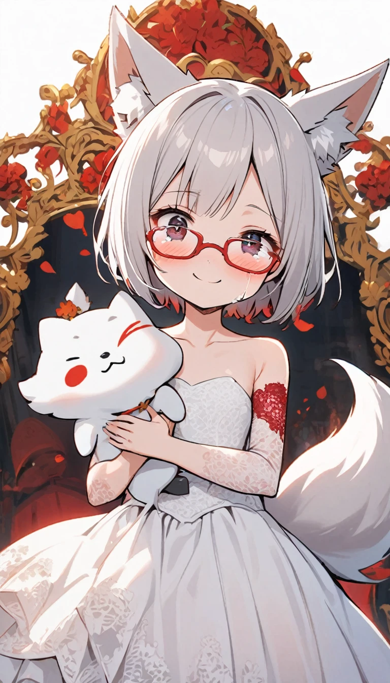 One Girl,A white fox girl with a gentle personality,thin body type,Flat Chest,Vermilion and madder colored odd eyes,Red-rimmed glasses,Droopy eyes,Moist eyes,Tears,Happy smile,Short Hair,Bobcut,Gray Hair,Red Mesh,fox ears,Pure white wedding dress,Fox Tail,1 bottle,Gaze Here