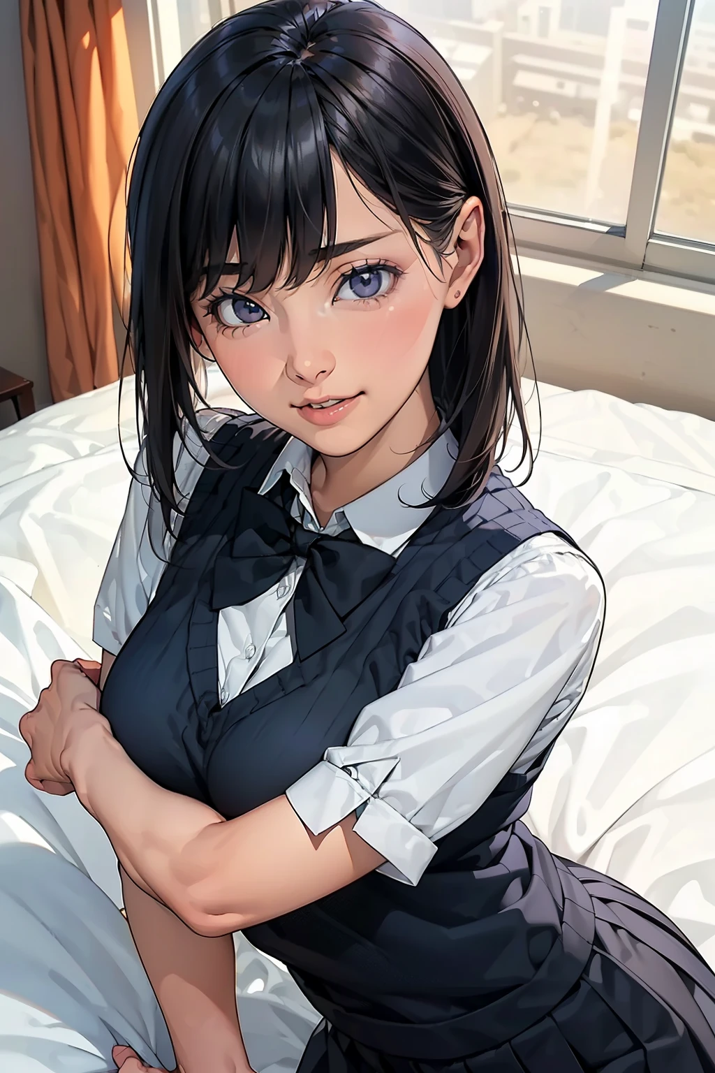 (masterpiece:1.2, Best Quality), (Realistic, photoRealistic:1.4), Beautiful illustrations, (Natural side lighting, Cinema Lighting), Written boundary depth, Looking at the audience, (Face Focus, Upper Body), Front View, 1 girl, English, High school girl, , Perfect Face, Cute symmetrical face, Shiny skin, (Bob Hair:1.7,Black Hair), Asymmetrical bangs, Big eyes, Droopy eyes, Long eyelashes chest), thin,
Beautiful Hair, Beautiful Face, Beautiful and beautiful eyes, Beautiful clavicle, Beautiful body, Beautiful breasts, Beautiful thighs, Beautiful legs, Beautiful fingers,
((High quality fabric, Brown knit vest rolled up, A short-sleeved white collared shirt is open, A navy pleated skirt rolled up, Navy bow tie)), (Beautiful views), evening, (smile, Excellent, Open your mouth), (From above:1.5),(Bad horizon:1.5), (((Backlight))), (((Lying in bed, Show your arms to the audience))),(((Breasts visible through shirt,valley)))