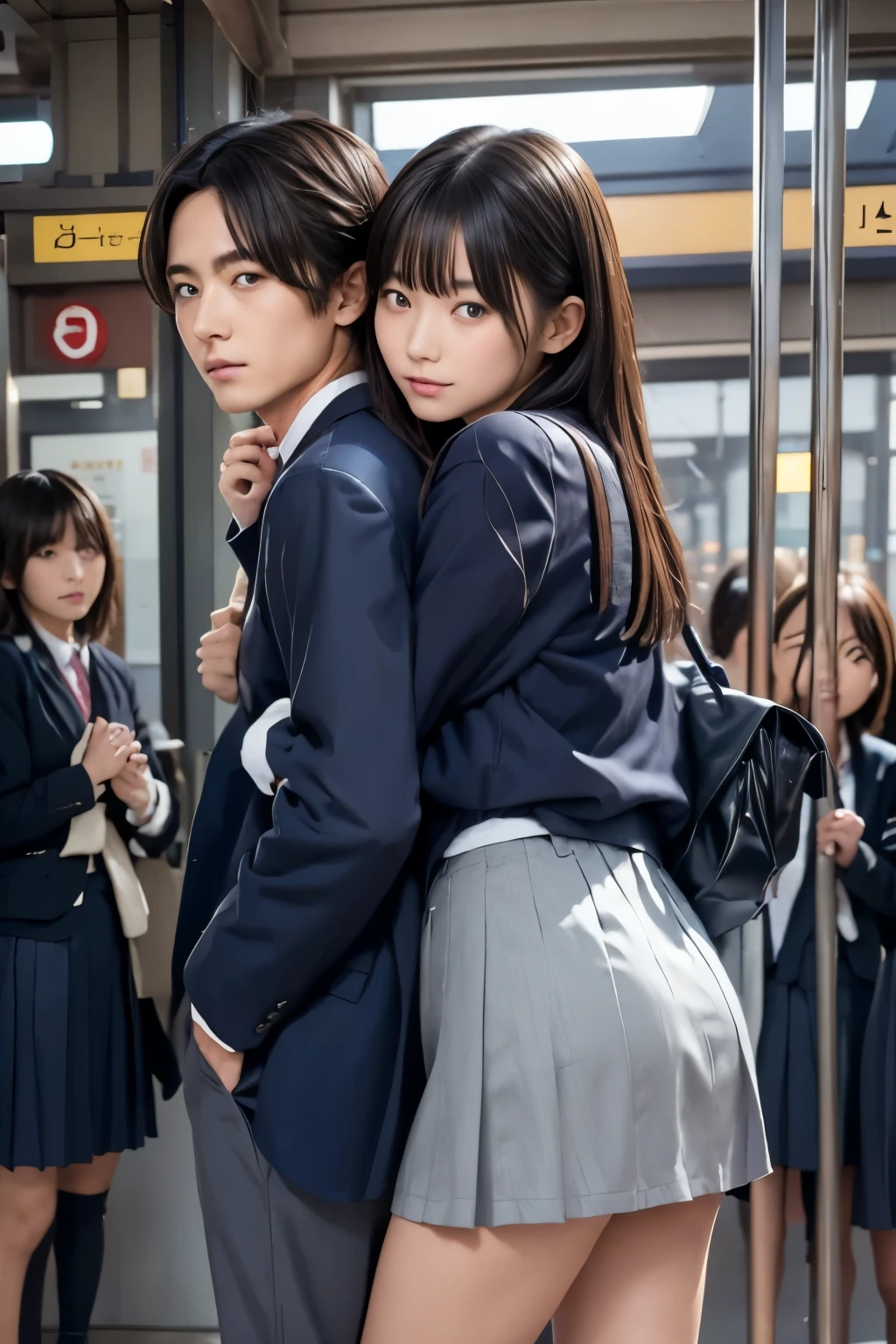 NSFW Viewer discretion advised, Crowded train, Japan , Handsome man hugging his girlfriend from behind, speak in her ear, Lift her up, Twist up your miniskirt, 40k, photograph, masterpiece, Best Quality, Dark Gray Background, ((Japan girls' high school uniform)), An older man is leaning on her from behind、I held you close, Mister..々Strike a Pose.