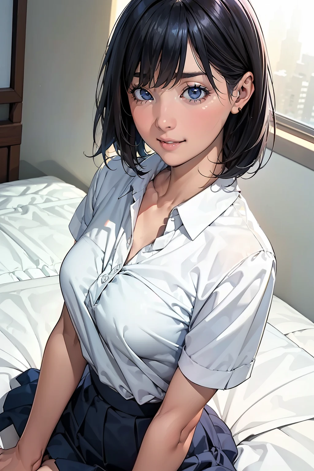 (masterpiece:1.2, Best Quality), (Realistic, photoRealistic:1.4), Beautiful illustrations, (Natural side lighting, Cinema Lighting), Written boundary depth, Looking at the audience, (Face Focus, Upper Body), Front View, 1 girl, English, High school girl, , Perfect Face, Cute symmetrical face, Shiny skin, (Bob Hair:1.7，Black Hair), Asymmetrical bangs, Big eyes, Droopy eyes, Long eyelashes chest), thin, 
Beautiful Hair, Beautiful Face, Beautiful and beautiful eyes, Beautiful clavicle, Beautiful body, Beautiful breasts, Beautiful thighs, Beautiful legs, Beautiful fingers, 
((High quality fabric, , A short-sleeved white collared shirt is open, A navy pleated skirt rolled up, )), (Beautiful views), evening, (smile, Excellent, Open your mouth), (From above:1.5),(Bad horizon:1.5), (((Backlight))), (((Lying in bed, Show your arms to the audience)))，(((Breasts visible through shirt，valley)))