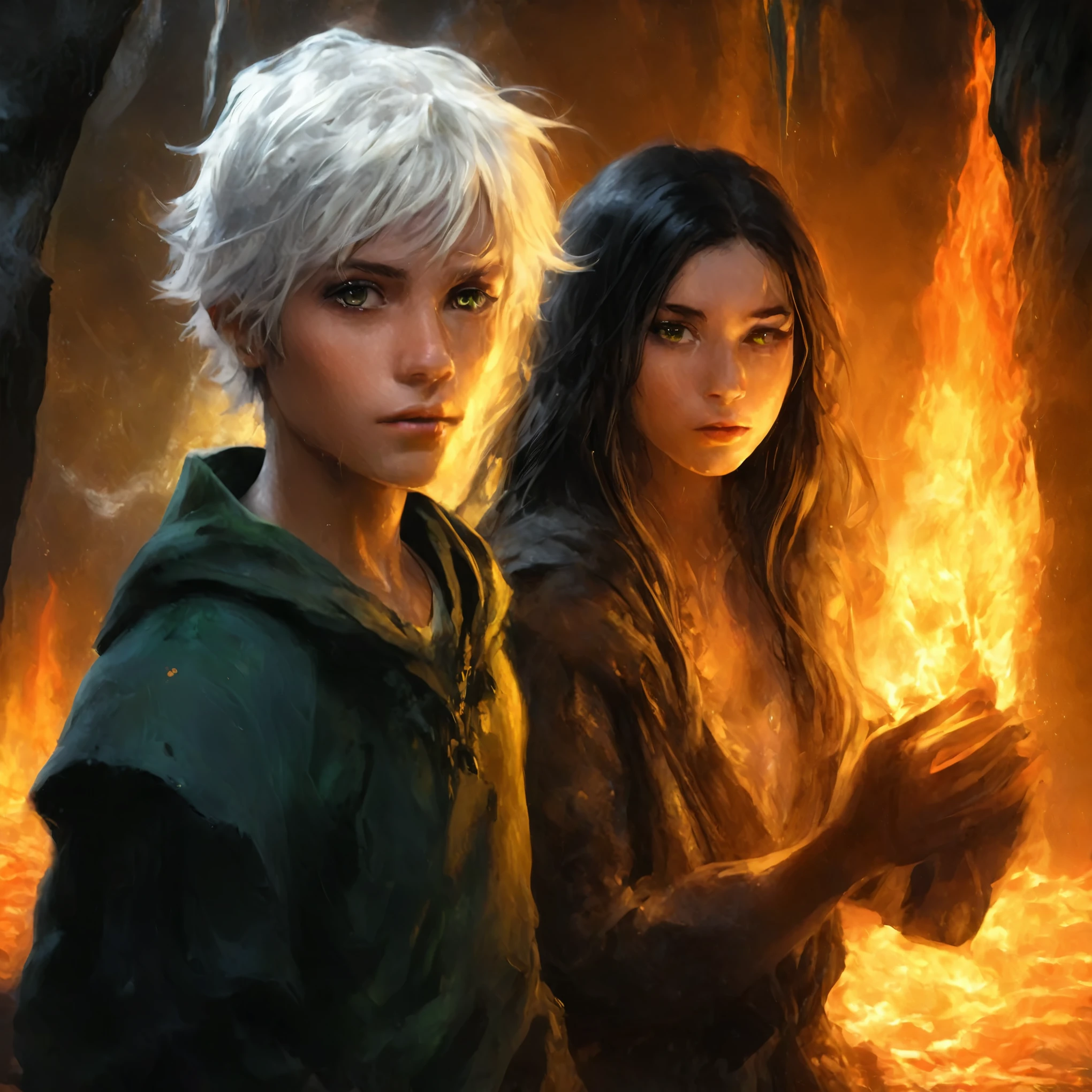 28 years, boy with green eyes and white hair, with water in hands, and a girl with yellow eyes, with dark hair, with water in hands, walk on water into a fiery cave , книжный portrait в жанре РПГ, portrait из "Dungeons and Dragons", фэнтезийный portrait,  fantasy book illustration, graphic artist magali villeneuve, авторский portrait в лицах, концепт-арт portrait в стиле фэнтези, realistic fantasy style illustration, portrait, эпический ролевой portrait, portrait снизу, ролевой portrait.3, a guy with green eyes and white hair is dressed in a tailcoat, with water in his hands, and a girl with yellow eyes is dressed in a wedding dress, with dark hair, with water in her hands, walking through the water into a fiery cave, a lower portrait in the RPG genre, a portrait from "Dungeons and Dragons", esoteric portrait, fantasy book illustration, graphic artist Magali Villeneuve, author's portrait , concept art portrait in styles, realistic fantasy illustration, portrait, physical portrait, portrait from below, role portrait.