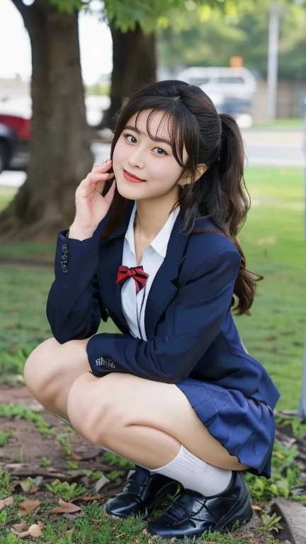 Arabian Asian woman in uniform squatting on the ground, Wearing uniform, JK uniform, Wearing uniform, Japanese girls uniform, Cute school girl, Girl in uniform, wearing Japanese School Uniform, Korean Girls, a hyperRealistic school girl, Magic school uniform, Realistic school girl, Japanese School Uniform, Wearing a jacket and skirt