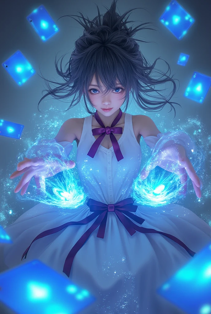 WM,Anime Magic,an anime girl holding glowing blue poker cards in her hands,poker cards flying in the sky,glowing magic effects,dynamic poses,highly detailed,ultra-high resolutions,32K UHD,best quality,masterpiece,1girl