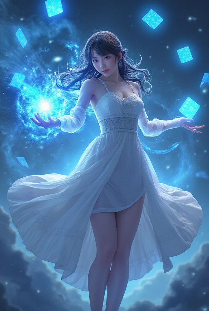 WM,Anime Magic,an anime girl holding glowing blue poker cards in her hands,poker cards flying in the sky,glowing magic effects,dynamic poses,highly detailed,ultra-high resolutions,32K UHD,best quality,masterpiece,1girl