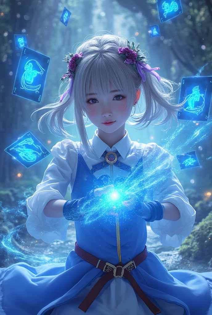 WM,Anime Magic,an anime girl holding glowing blue poker cards in her hands,poker cards flying in the sky,glowing magic effects,dynamic poses,highly detailed,ultra-high resolutions,32K UHD,best quality,masterpiece,1girl