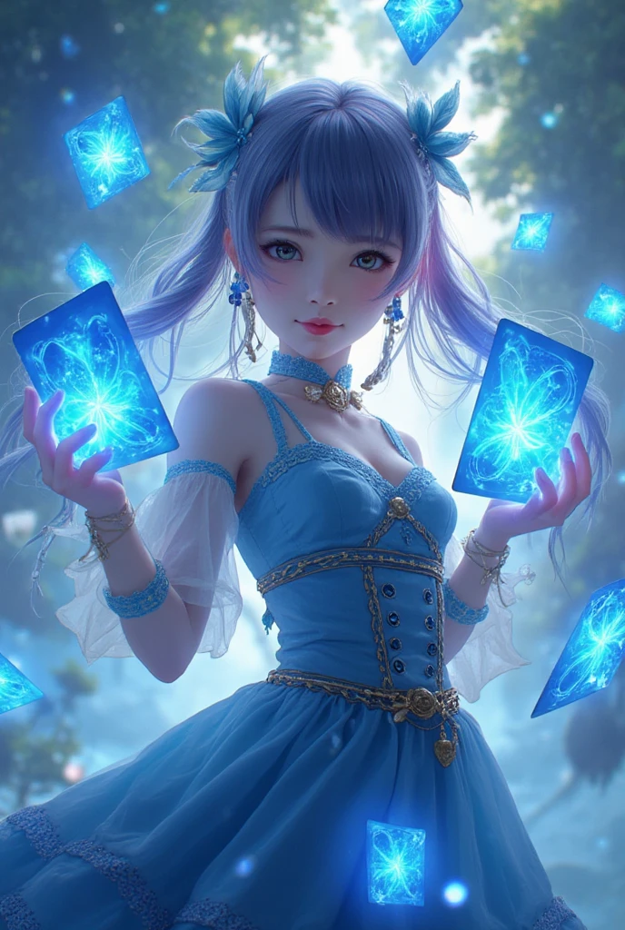 WM,Anime Magic,an anime girl holding glowing blue poker cards in her hands,poker cards flying in the sky,glowing magic effects,dynamic poses,highly detailed,ultra-high resolutions,32K UHD,best quality,masterpiece,1girl