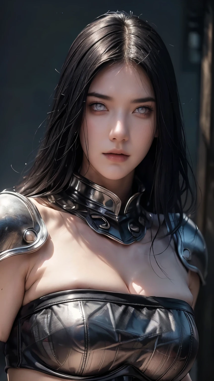 a young person, porcelain skin, black hair, thick eyebrows, looking down, wearing a leather mask covering the mouth, black armor, (best quality,4k,8k,highres,masterpiece:1.2),ultra-detailed,(realistic,photorealistic,photo-realistic:1.37),intricate details, cinematic lighting, dark fantasy, dramatic chiaroscuro, moody atmosphere