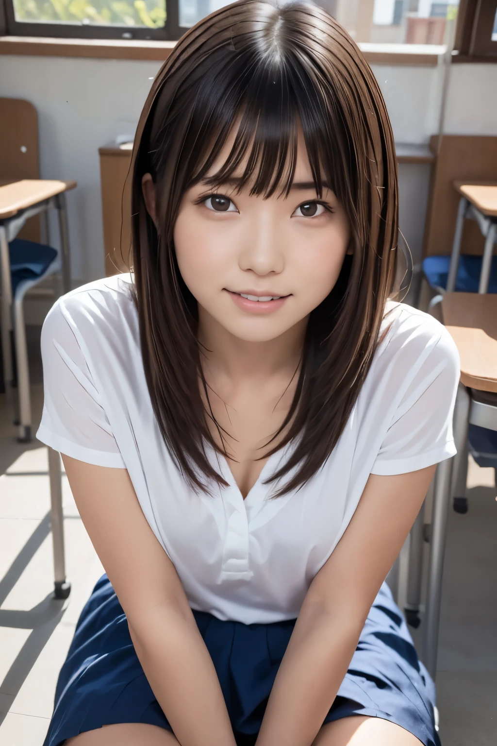 Around ,A male and female couple embrace each other in a face-to-face sitting position in a summer school classroom,She has had sex before and looks relaxed,Provocative