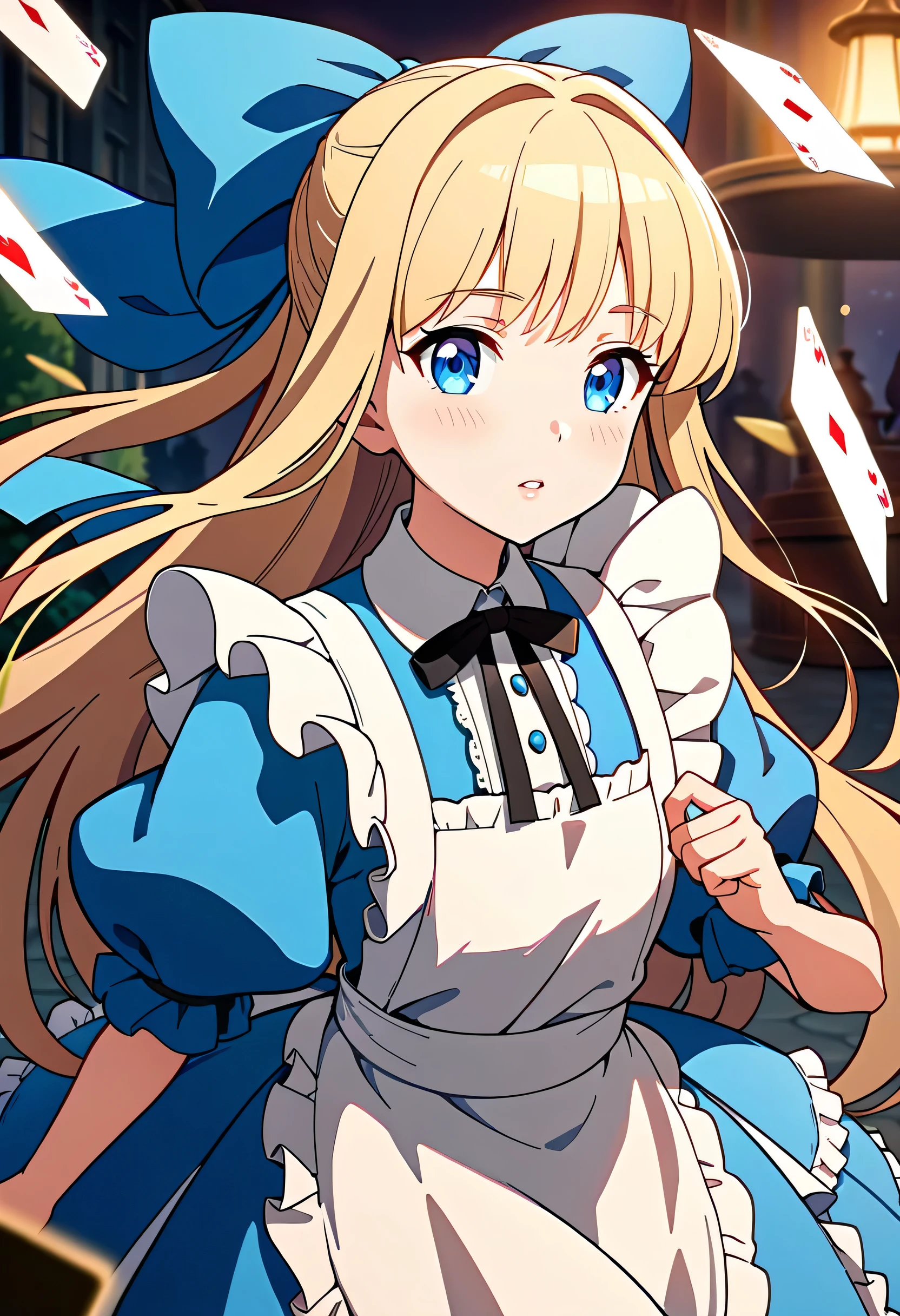 A cute, anime-style girl inspired by Alice in Wonderland, with long, flowing blonde hair tied with an oversized blue bow. Her large, sparkling blue eyes shine brightly, illuminated by the soft glow of moonlight gently casting across her face. She wears a frilly blue dress accented with lace, paired with a white apron. The subtle light reflects off her features, highlighting her soft expression. She stands in a whimsical garden filled with oversized mushrooms, teapots, and floating playing cards, all bathed in magical twilight and glowing softly around her, gorgeous lips, cinematic, (masterpiece), (best quality), (ultra-detailed), very aesthetic, illustration, perfect composition, intricate details, absurdres, detailed face, (anime, masterpiece, intricate:1.3), (best quality, hires textures, high detail:1.2), (4k),(incredibly detailed:1.4)
Masterpiece, highest quality, high resolution, cinematic lighting, anime illustration, 4k , masterpiece