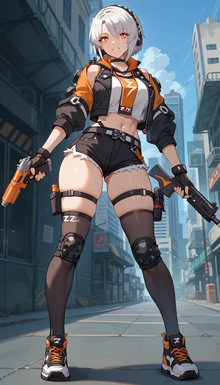 ultra-detailed, 1girl, anby, Zenless Zone Zero, (best quality), ((masterpiece)), (highres), 16K, orange eyes, perfect face, short hair, white hair, headphones, wearing black vest, wearing bootyshorts, black thighhighs, thigh straps, knee pads, holster, gloves, belt, sports shoes, busty body, large breasts and a beautiful ass, showcasing cleavage, legs, hips, holding weapon, holding gun, gun, looking at viewer, smile, detailed full body, thigh details, city background