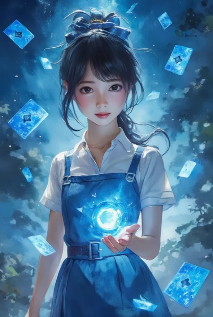 WM,Anime Magic,an anime girl holding glowing blue poker cards in her hands,poker cards flying in the sky,glowing magic effects,dynamic poses,highly detailed,ultra-high resolutions,32K UHD,best quality,masterpiece,1girl