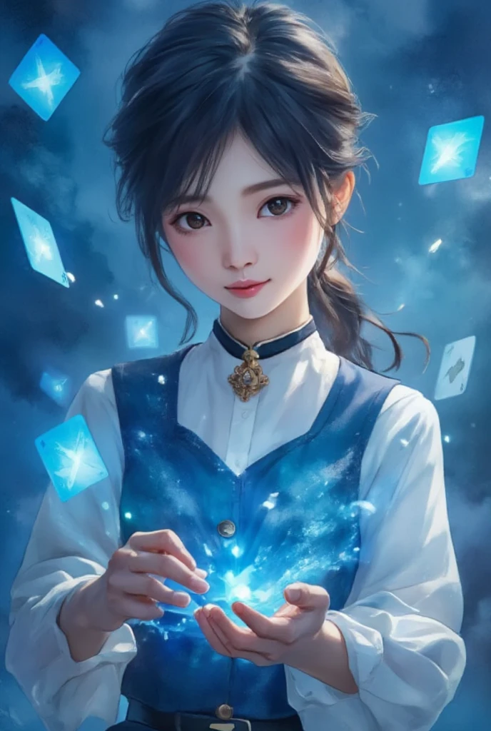 WM,Anime Magic,an anime girl holding glowing blue poker cards in her hands,poker cards flying in the sky,glowing magic effects,dynamic poses,highly detailed,ultra-high resolutions,32K UHD,best quality,masterpiece,1girl