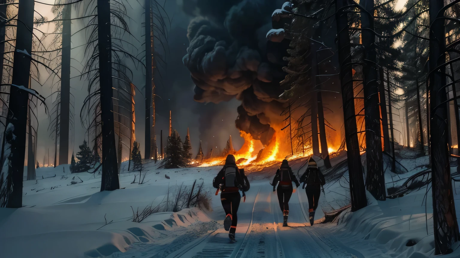 ((3man firefighters near the fire truck)), red light from flashing beacons, white headlights, smoke, sparks, snowly weather, hot ambient, big fire in the town, rtx, unreal, emergency style