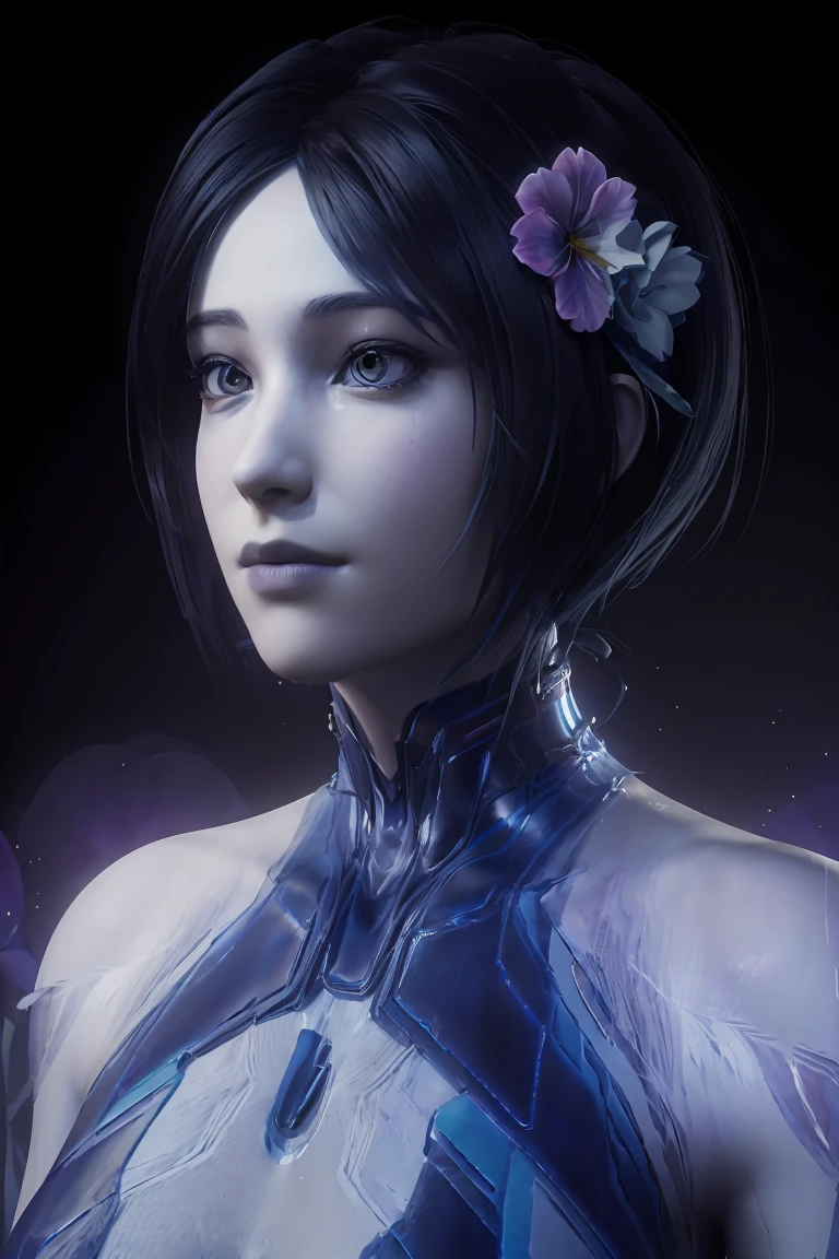 portrait, close-up, upper body. Smiling Cortana. (masterpiece, top quality, Best quality, official art, beautiful and aesthetically pleasing:1.2), extremely detailed,(fractal art:1.2),Colorful,The most detailed, (dynamic pose), (abstract background:1.5), (many flowers:1.4). ((SPLIT. Skin texture, Shiny skin. elegance. photorealism. unreal engine. 3D model. Ultra high quality textures. high detail. permission 8k))