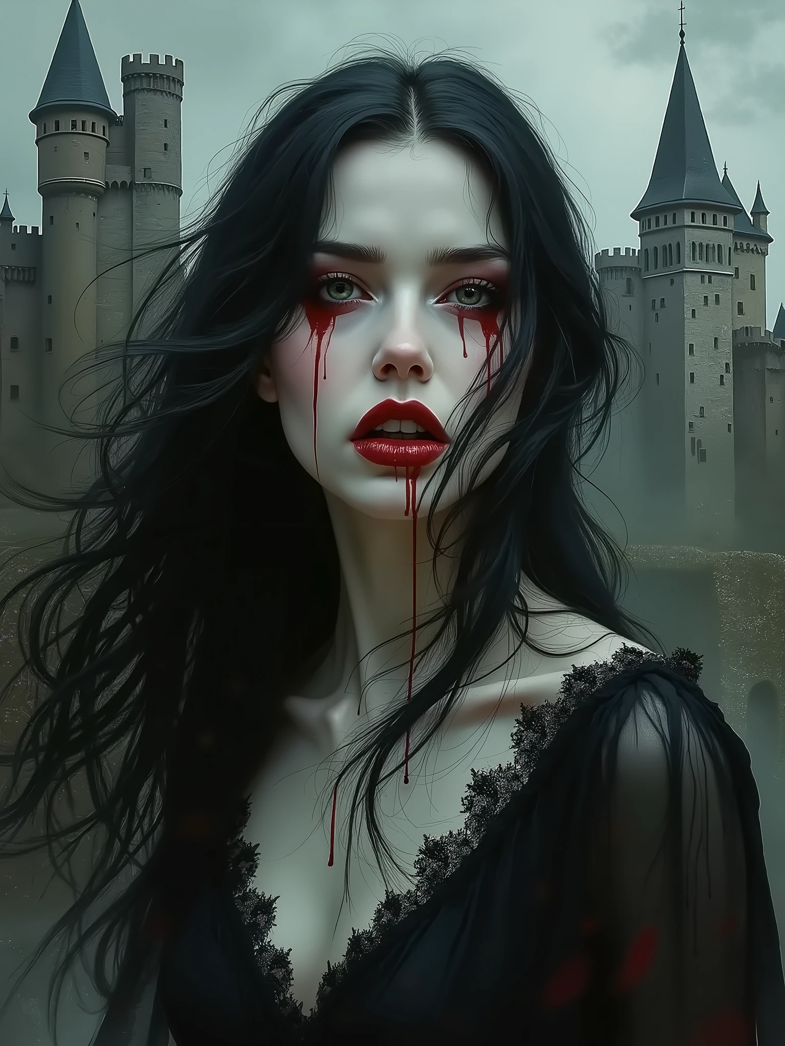 There is a woman with blood on her face and a castle in the background, female vampire, vampire portrait, Portrait of a vampire lady, artista grafica Magali Villeneuve, Fantasy and Horror Art, dark Fantasy and Horror Art, dark fantasy style art, Horror fantasy art, Magali Villeneuve', beautiful female vampire queen, in a dark fantasy art style, Stylish horror artwork