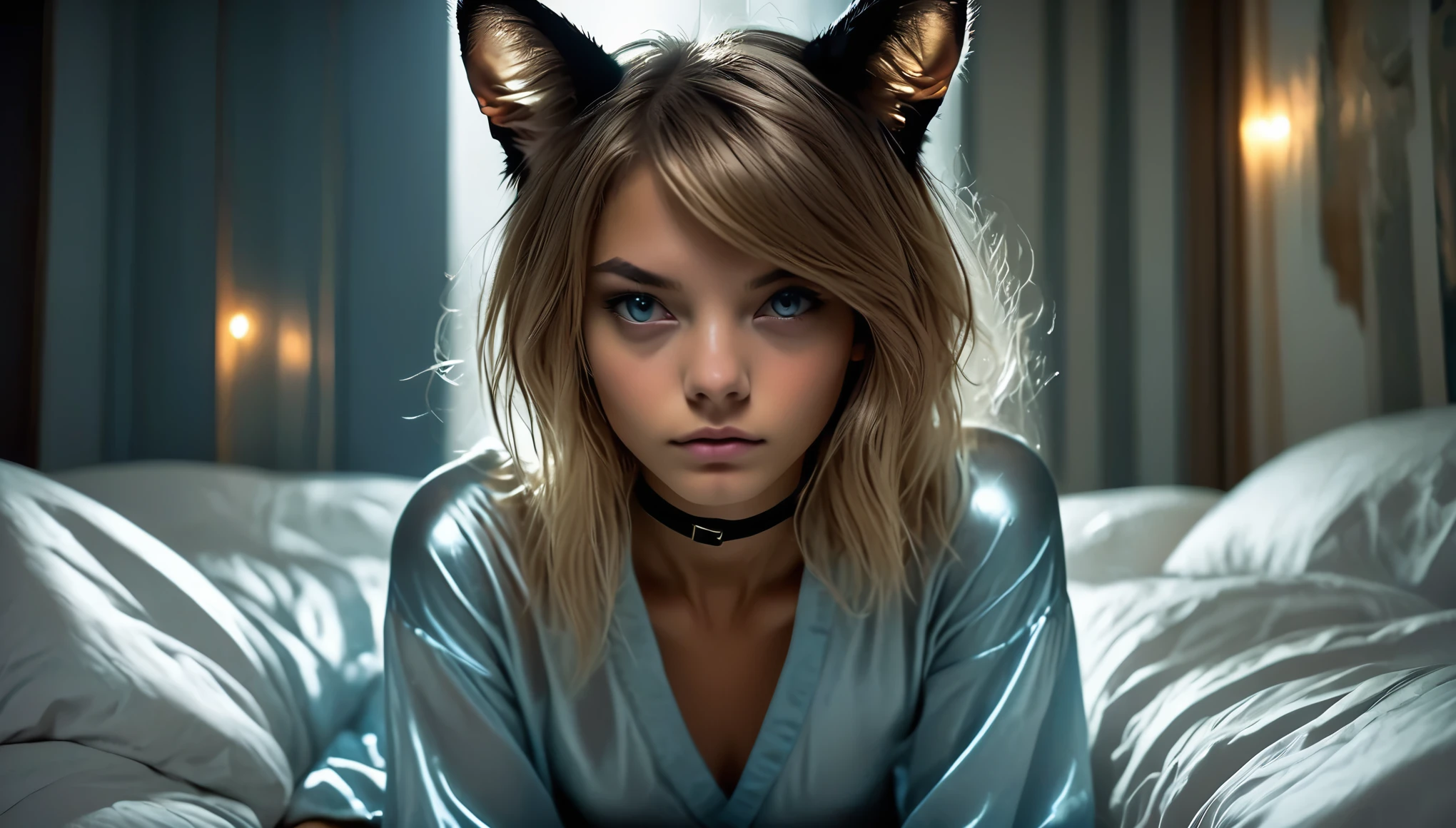 ((((barely legal girl, with cat ears and choker, in a shiny wrap shirt with plunging cleavage, short sleeves)))), ((small perky breasts, beautiful detailed eyes, beautiful detailed lips, small closed mouth, extremely detailed face, pale skin, random long hairstyle, small hips, sitting on a bed with silk sheets, fear on the face)), moody atmosphere, dramatic and random colors, futuristic setting, intricate details, night, backlight, full body shot, view from a distance, random pose