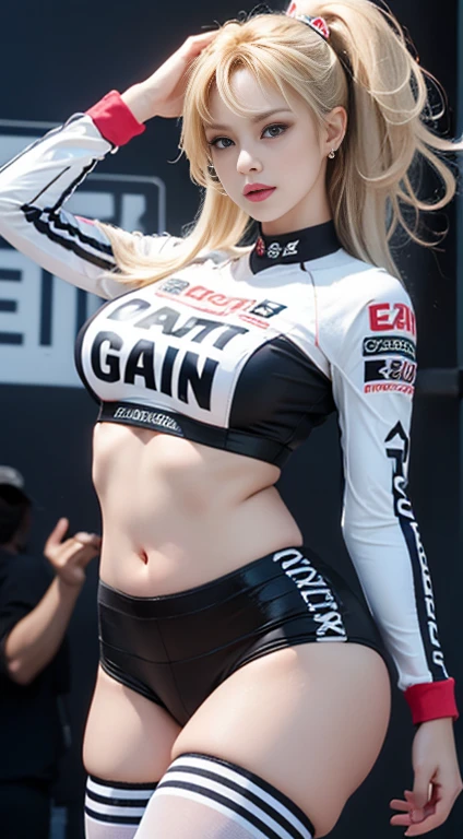 1womanl, (Super beautiful), (ultra beautiful faces), (motor cycle)、gals, makeup, (lip stick:1.1), (eye line:1.2), mascara, eyeshadows, glamor, (Blond hair and brown hair:1.3), Wavy Hair, asymmetrical bangs, (Grid girl costume with sponsor logo:1.5), (a miniskirt:1.2)、(Showing white panties)、(with spreading legs)、(At SFW)