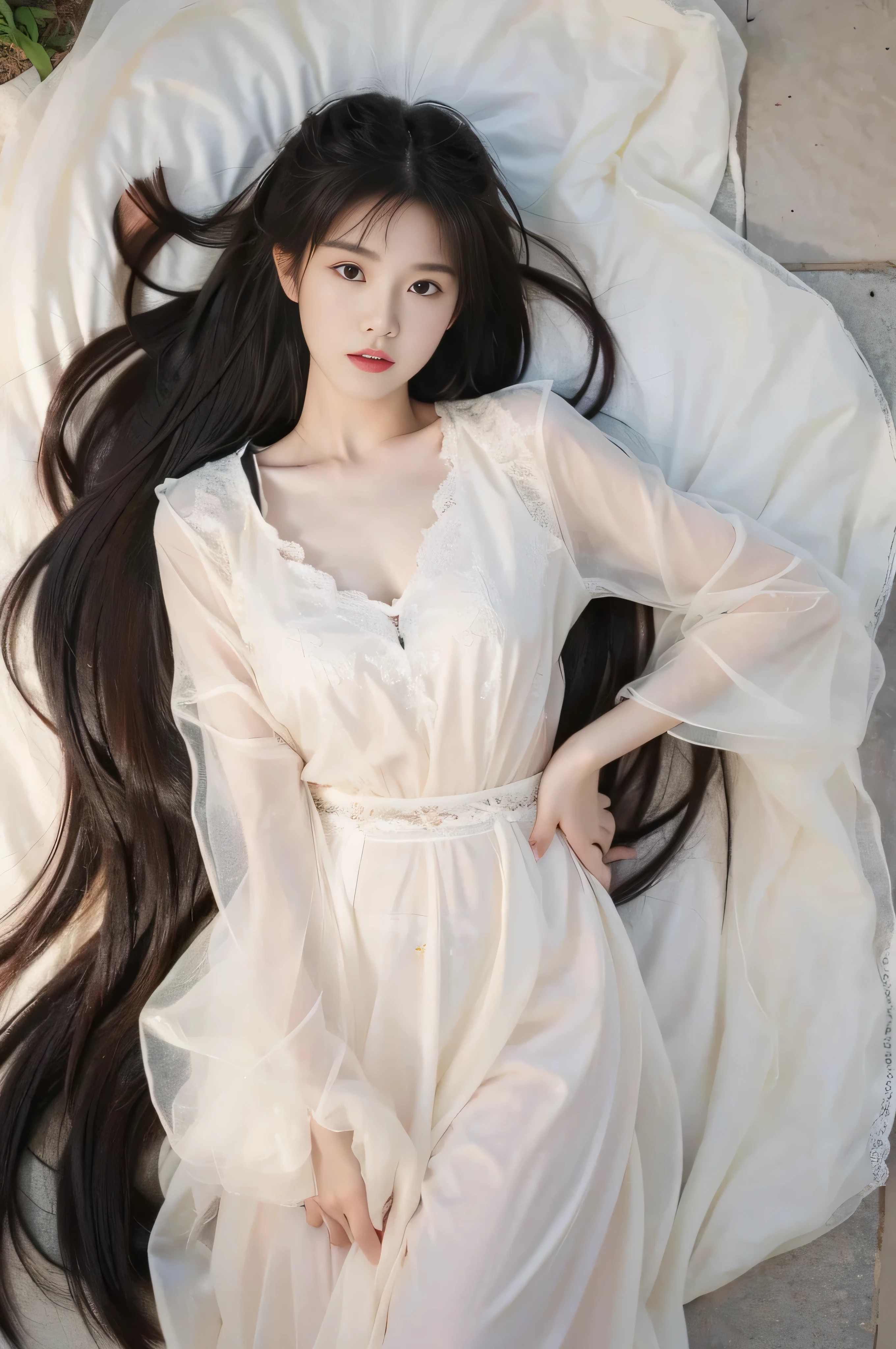 A beautiful Chinese girl，Hands on hips, hidden behind clothes，Medium length hair，Lying on the ground，Upper Body，Very full breasts，Full figure