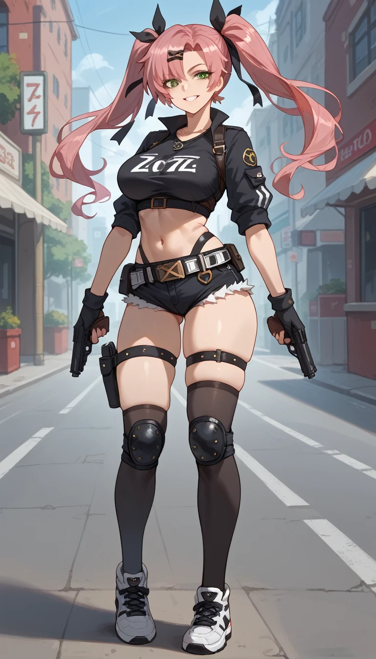 ultra-detailed, 1girl, nicole_demara, Zenless Zone Zero, (best quality), ((masterpiece)), (highres), 16K, green eyes, perfect face, long hair, pink hair, twintails, hair ribbon, wearing black shirt, wearing bootyshorts, black thighhighs, thigh straps, knee pads, holster, black gloves, belt, sports shoes, busty body, large breasts and a beautiful ass, showcasing cleavage, legs, hips, gun, holding gun, looking at viewer, smile, detailed full body, thigh details, street background