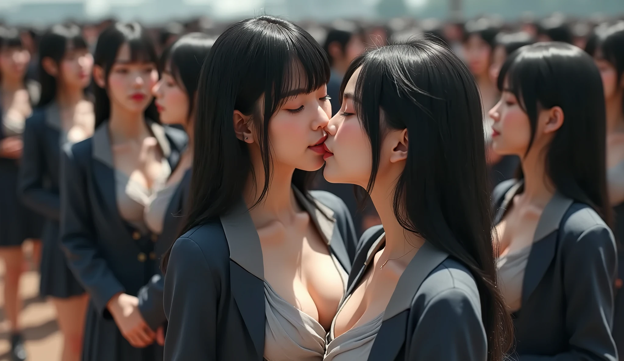 masterpiece, best quality, sexual act,2girls, kissing, masturbation, smile, from side, touch each other's genitals, spread legs, outside, naked, in front of a crowd of naked people