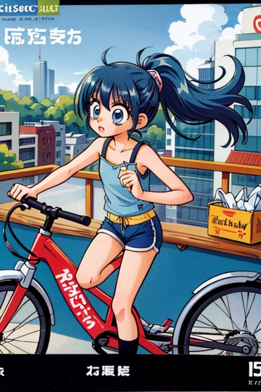 a girl is sitting on top of a bicycle, 1girl, solo, bicycle, navel, shorts, armpits, ponytail, breasts, blue hair, socks, looking at viewer, midriff, shoes, dolphin shorts, short shorts, ground vehicle, outdoors, white socks,
