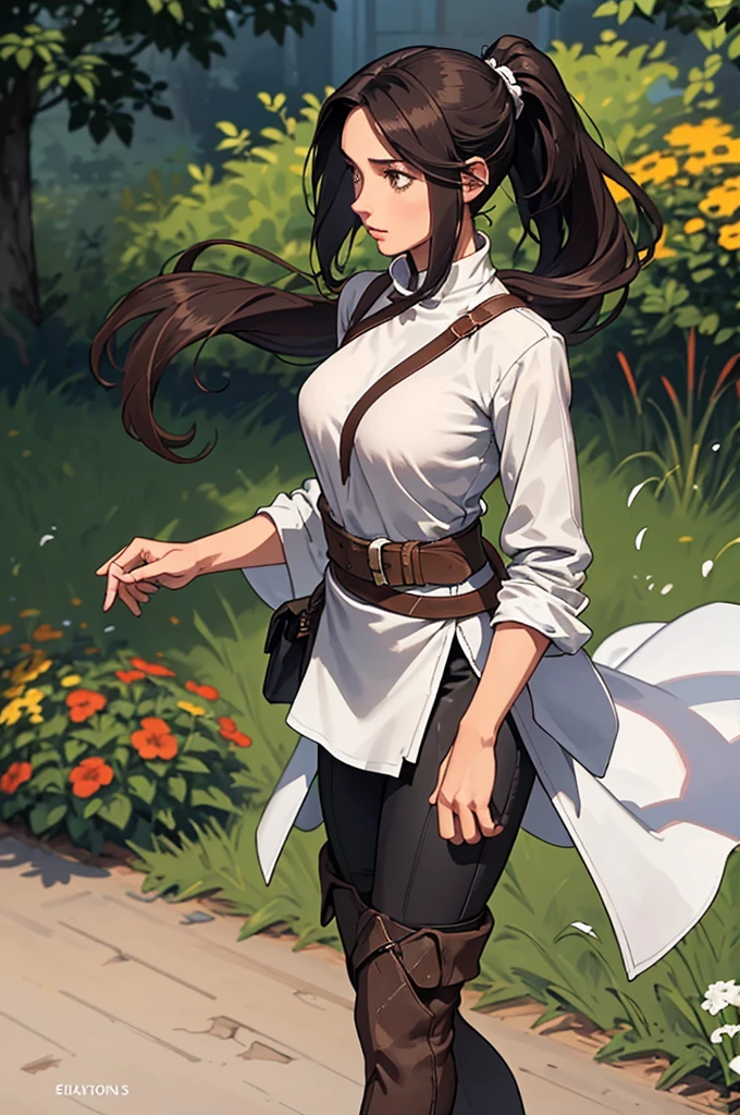 Ultra detailed and realistic, shows a young woman walking with an elegant and determined posture. His face, seen from the side, reveals a straight and sharp nose, and thin, slightly curved lips, that give an air of confidence. His hair is long and brown, gathered into a high ponytail that cascades down her back. Her skin is clear and soft, complemented by natural makeup that highlights her youthful beauty. He has a calm and focused expression.

He wears a white long-sleeved, high-necked T-shirt., perfectly adjusted to your body, showing a defined silhouette. He wears a brown leather belt that stands out against his tight beige riding pants., Designed with knee details for added comfort when riding. She complements her outfit with long black leather boots., that cover up to the knees, glowing slightly in the daylight.

In one hand, He holds a black riding helmet firmly as he walks on a gravel road, Projecting an image of security and elegance in motion. The environment around it is natural, with bushes and flowers in the background, while the sunlight creates a soft contrast, highlighting the details of her clothing and her confident posture.