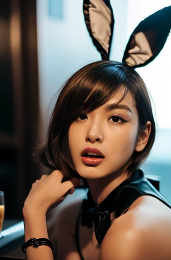 ((In 16K,highest quality,masterpiece,photo Realistic,RAW Photos,Super Fine Clear,Realistic lighting,realistic shadow,)),((beautiful Japanese 25yo lady,)),(black playboybunny,Bunny clothes_black, garter belt,Fishnet tights, Bunny suit_black, bustier, bow tie, high cut, high heels,:1.3),(tall,plump:1.2,),in bar,moody lighting,(aughing,glad,dynamic angle,:1.2),Highly detailed face and skin texture,incredibly Detailed fingers,shiny skin,Extremely Realistic,balack playboybunny