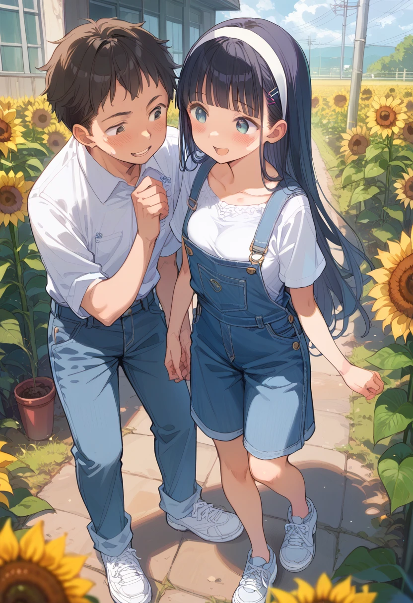 Masterpiece、Young girl、Very cute、Firm breasts、Denim overalls、Black Hair、Straight Long Hair、White headband、Light blue sneakers、Shining Eyes、fun、An innocent smile、One Man、A male office worker is walking hand in hand with a girl、Sunflower field、sunny、A man becomes intimate with a woman