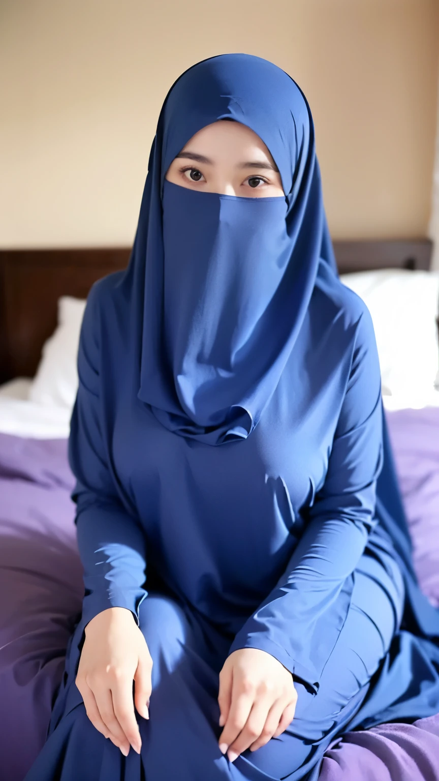 a beautiful young woman hijab, (((super big breast))), (very big breast covered) perfect face, (((very huge big breast,))), ((( Big Breast))) long dress muslim, (((covering mouth, long veil))), Slim Face、30 years old, still young, Pretty Lady, smile eyes, sleep in bedroom, sit while spreading legs, wearing high heels (big breast covered) , full body picture