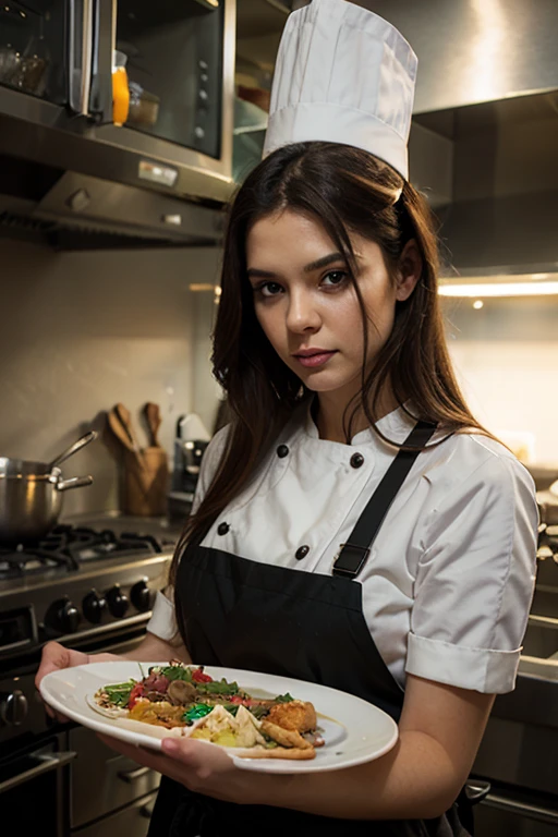 1girl in, 30 years old, Square face, Long hair, Looking at viewer, jewelry, Realistic, Sexy, chef outfit, kitchen background, free pose