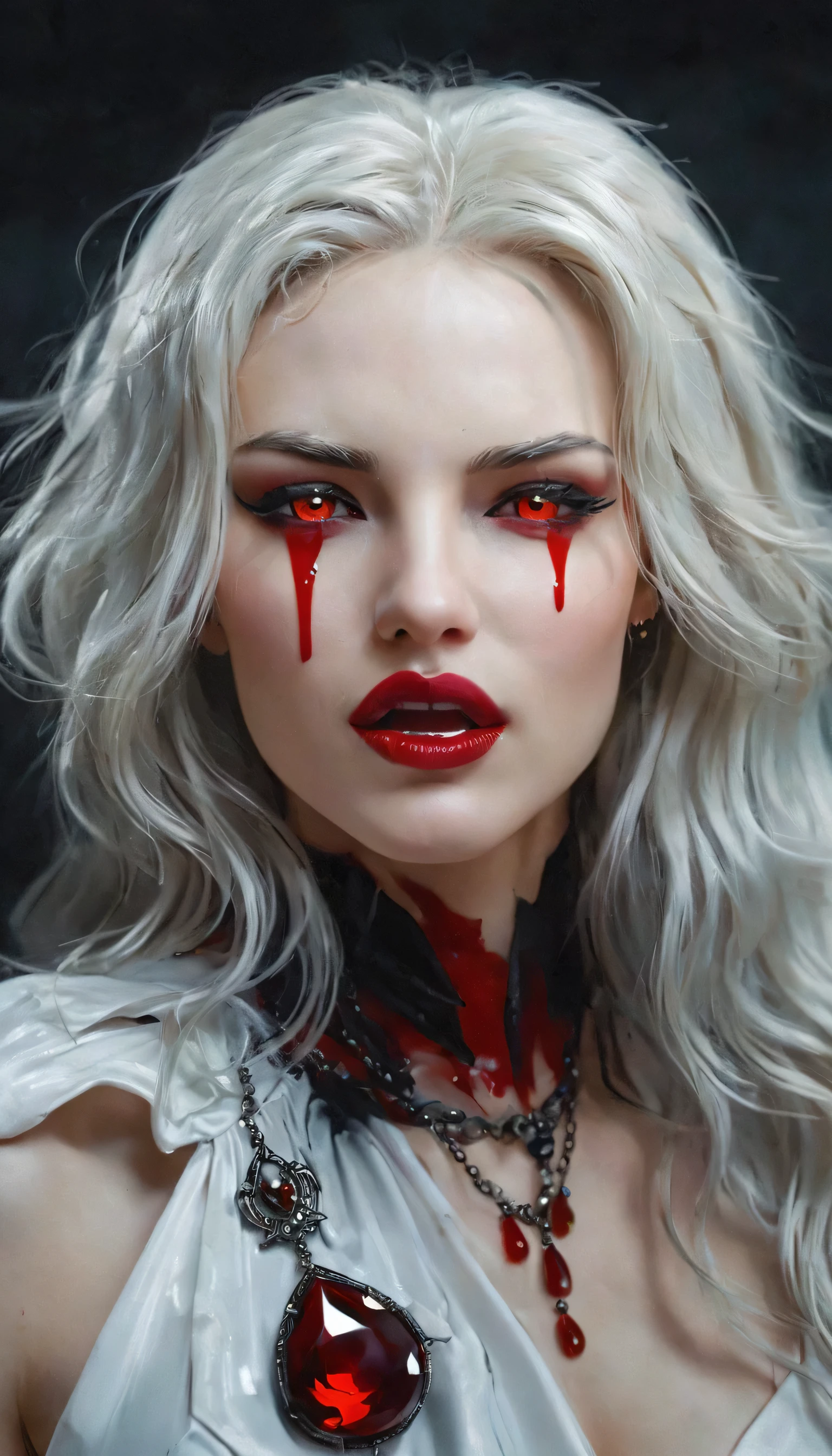 a portrait of vampire with a bloody tear coming down from he eye, an exotic beautiful female vampire, white hair color, dynamic hair style, ultra detailed face, best detailed face, silver eye color, ((1single red teardrop: 1.3)), ((tear drop made from blood)), ((teardrop coming down from the eye: 1.3)), there is a blue streak in the hair, vampire teeth, small cleavage, wearing two black diamond earrings, Ultra-high resolution, High Contrast, (masterpiece:1.5), highest quality, Best aesthetics), 16K fantasy art, best details, best quality, highres, (ultra wide angle: 1.2), 16k, [ultra detailed], masterpiece, best quality, (extremely detailed), ladyshadow, magical sky, crying style, vampire teeth