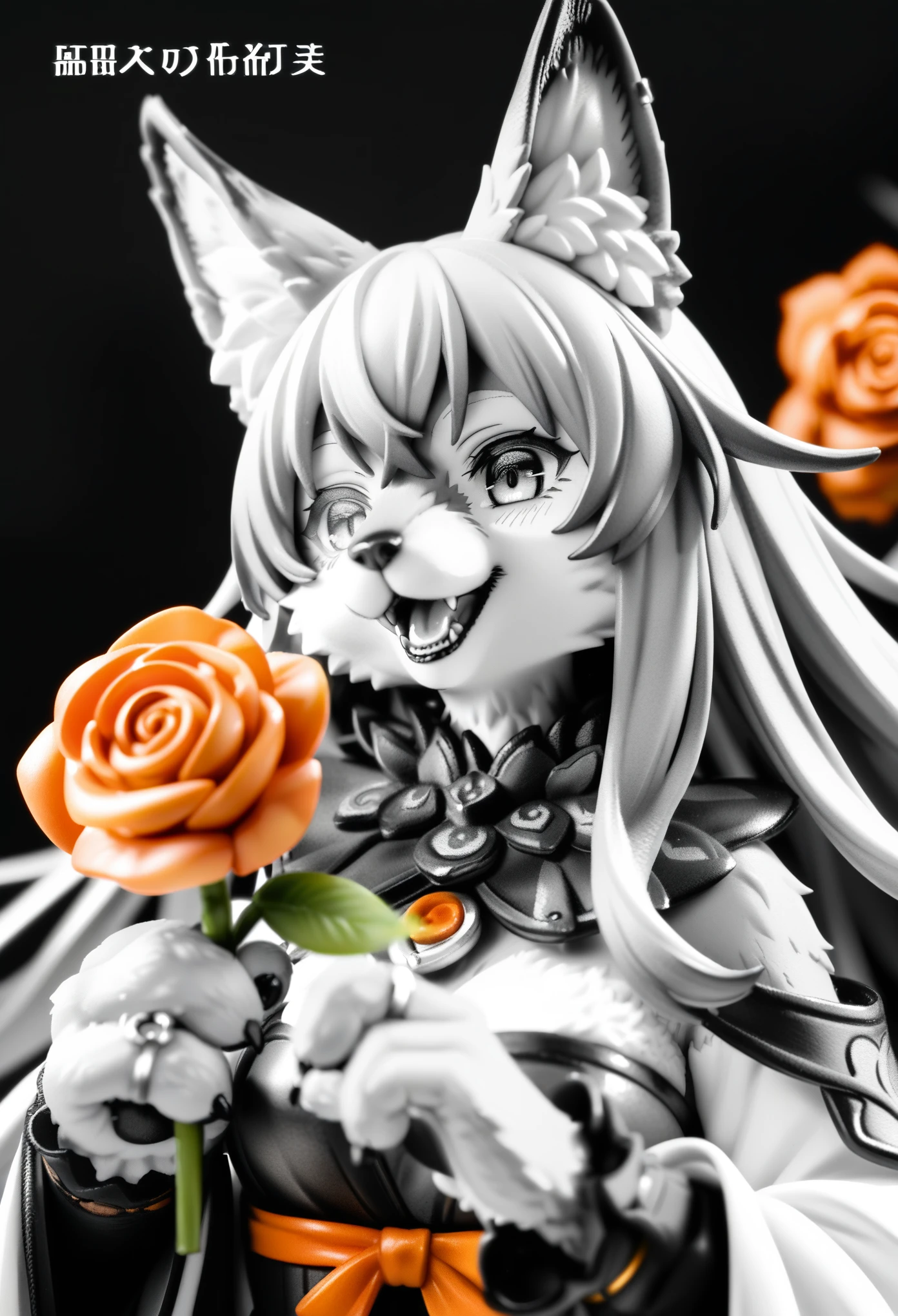 rating_safe, score_9, score_8_up, score_7_up, score_6_up, score_5_up, score_4_up, hires, monochrome, watercolor, cover page, absurdres, perfect anatomy(1girl, kemono, furry, detailed body fur, animal face, animal hand)Archaic Smile, holding a cluster of orange Rose in both hands, which are positioned at chest level, She is wearing a simple ring on the ring finger of her left hand, unfocused spread of orange rose,