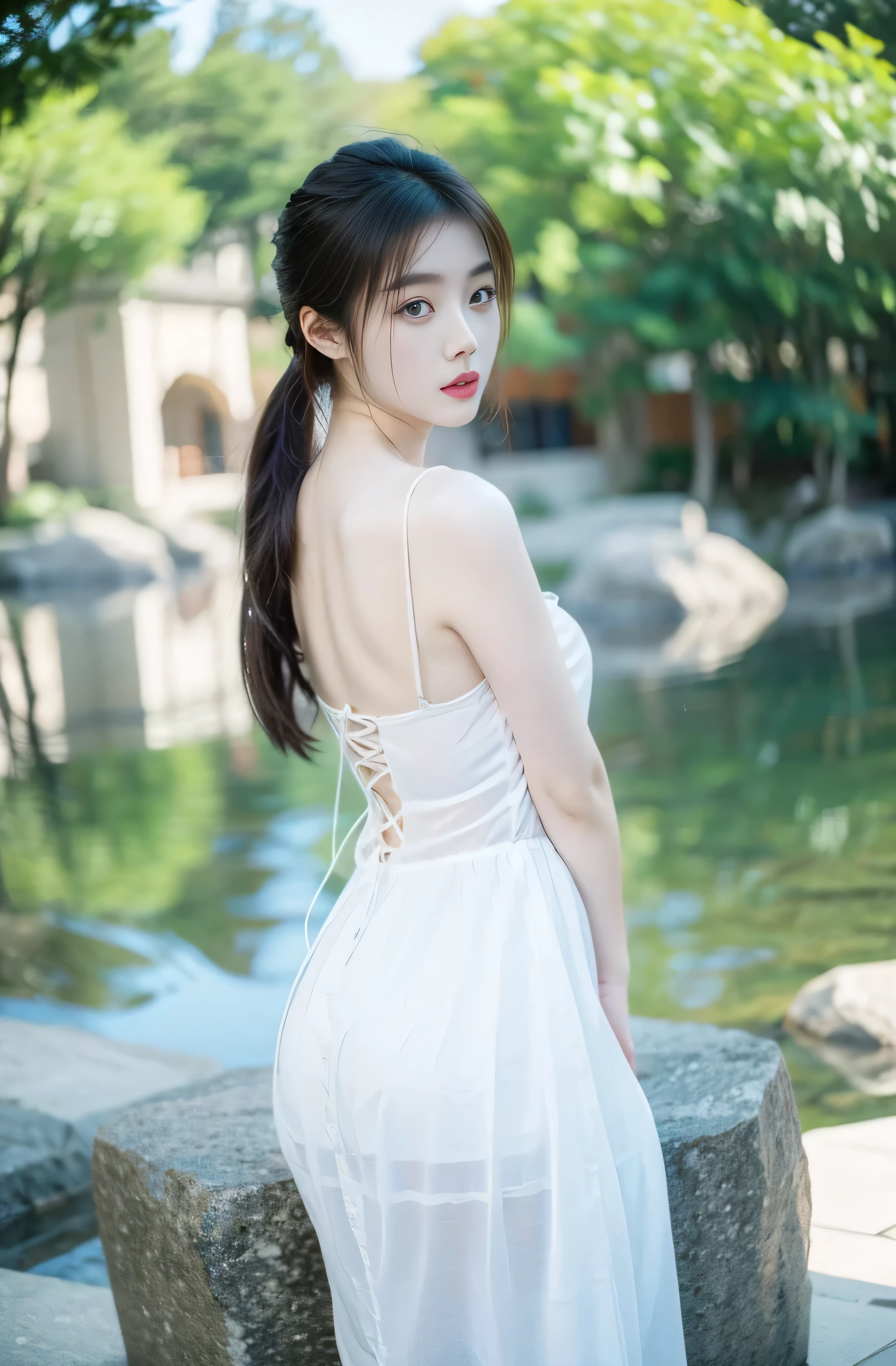 Wearing a white dress, Beautiful Chinese Model, Light milky white porcelain skin, Chinese Girl,, Chinese woman