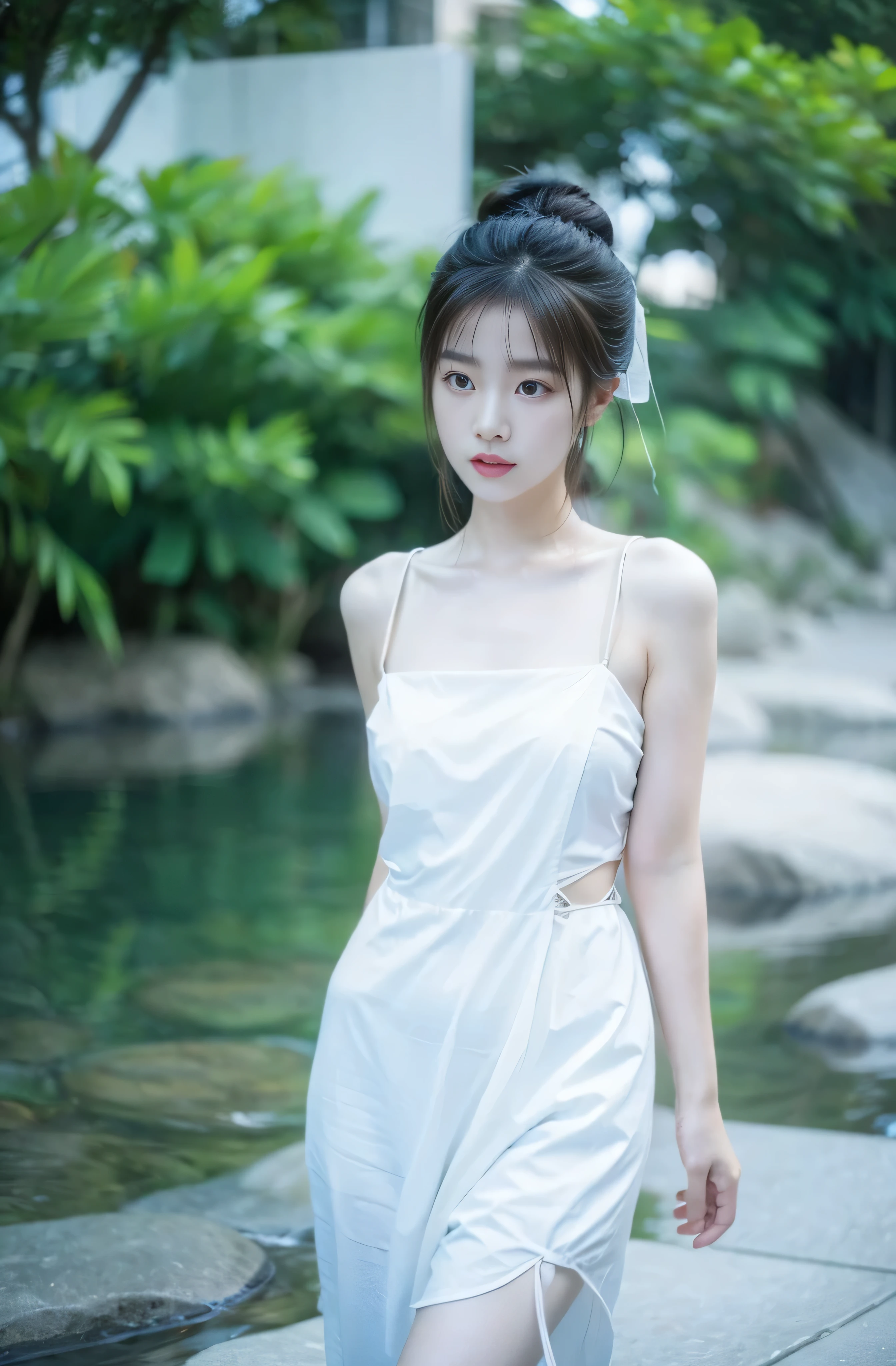 Wearing a white dress, Beautiful Chinese Model, Light milky white porcelain skin, Chinese Girl,, Chinese woman