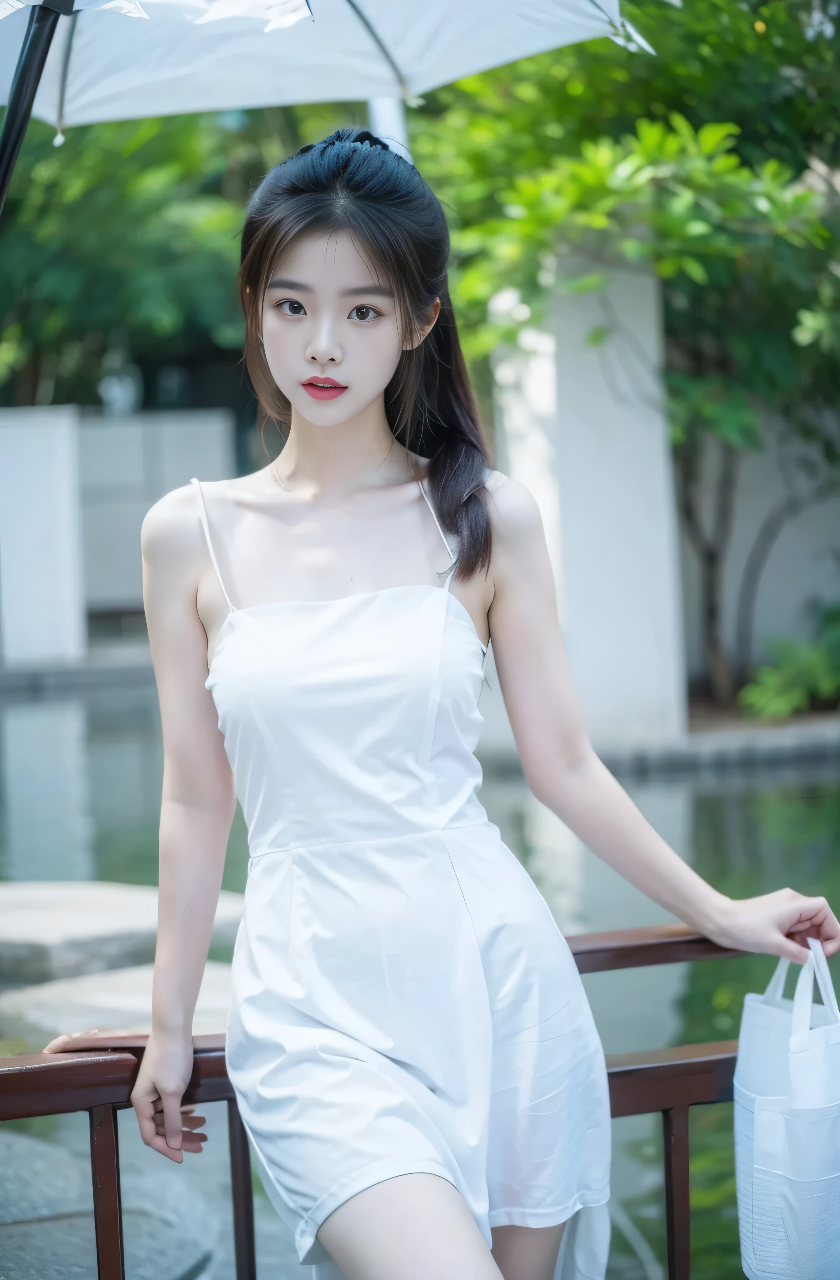 Wearing a white dress, Beautiful Chinese Model, Light milky white porcelain skin, Chinese Girl,, Chinese woman，Red clothes