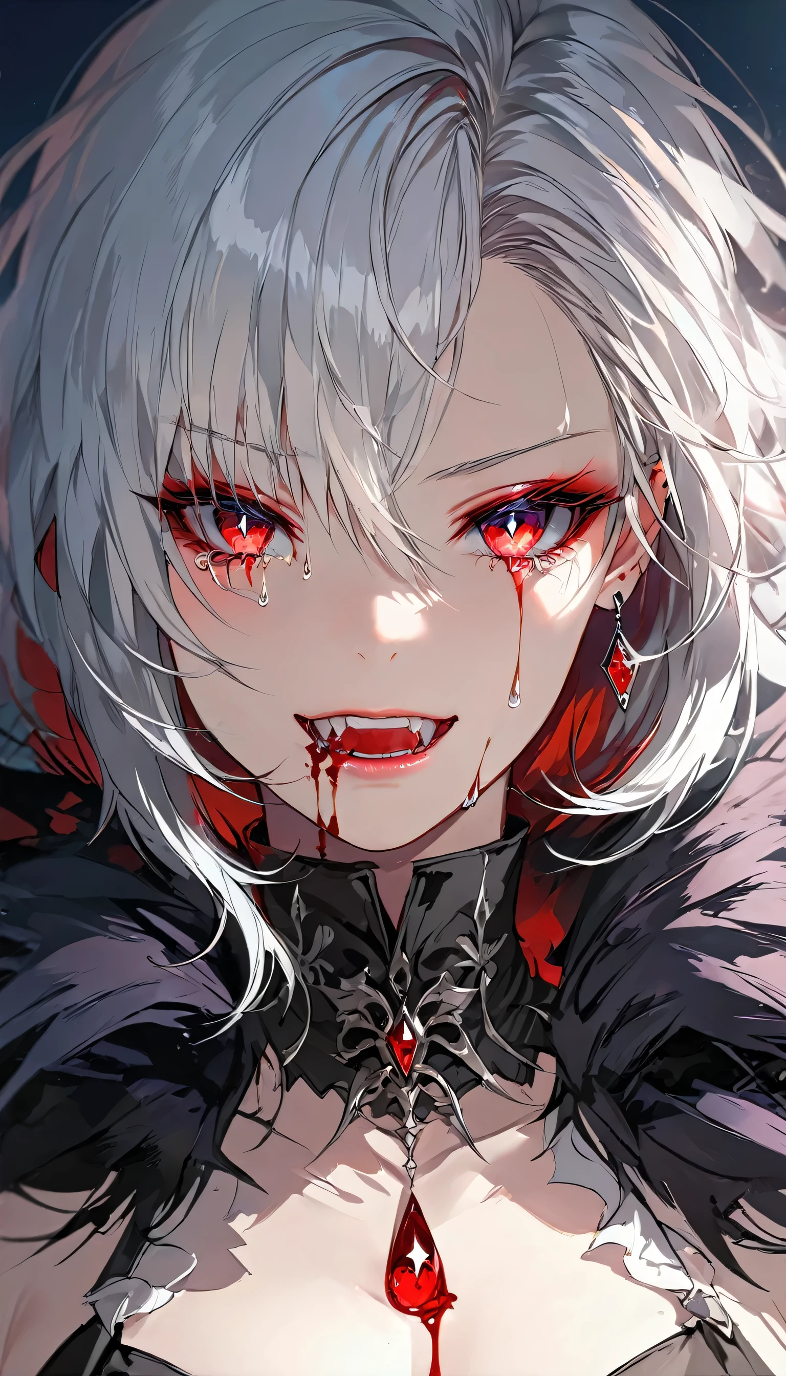 a portrait of vampire with a bloody tear coming down from he eye, an exotic beautiful female vampire, white hair color, dynamic hair style, ultra detailed face, best detailed face, silver eye color, ((1single red teardrop: 1.3)), ((tear drop made from blood)), ((teardrop coming down from the eye: 1.3)), there is a blue streak in the hair, vampire teeth, small cleavage, wearing two black diamond earrings, Ultra-high resolution, High Contrast, (masterpiece:1.5), highest quality, Best aesthetics), 16K fantasy art, best details, best quality, highres, (ultra wide angle: 1.2), 16k, [ultra detailed], masterpiece, best quality, (extremely detailed), ladyshadow, magical sky, crying style, vampire teeth