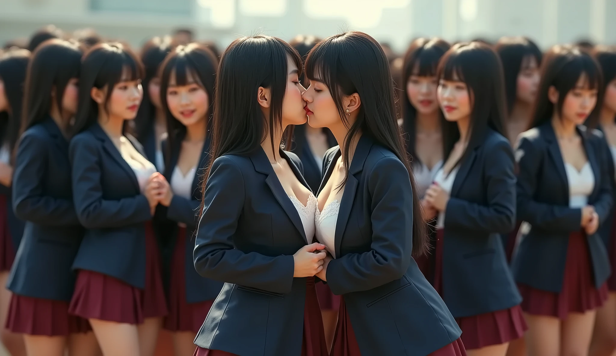 masterpiece, best quality, sexual act, 2girls, kissing, masturbation, whole body was covered in white mucus, smile, from side, touch each other's genitals, spread legs, outside, naked,In front of a large crowd of men and women wearing schoolgirl uniforms