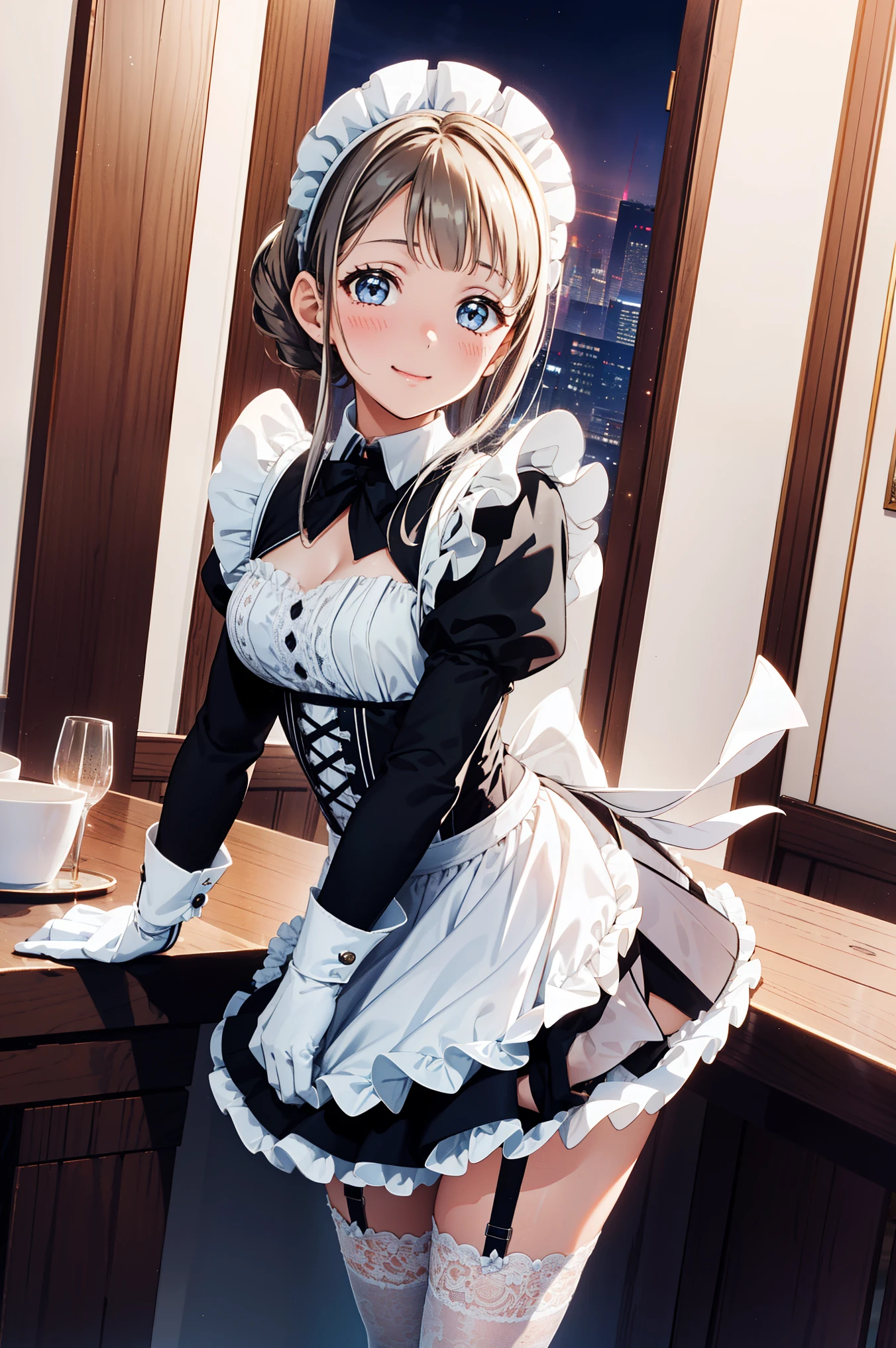 Teenage Girl，Attractions，have fun，in love，(Wearing a black modern and innovative maid outfit，Wearing stockings)，(White ruffle gloves)，White hair，Sacred headdress，Transparent lace，Beautifully dressed，miniskirt，Dining room，Gorgeous scene，(night:1.1)，Delicate and beautiful face，