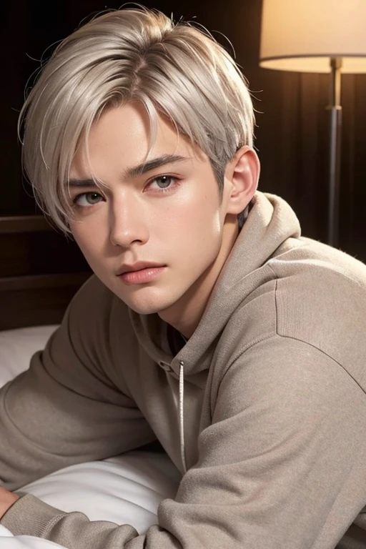 masterpiece, Best Quality, (Perfect Face:1.1), (high detail:1.1),male，Handsome, Bleached silver hair color，Short Hair，Brown eyes，Thin jaw，Tightened facial contours，indoor，night，One floor lamp，Sexy expression，Slightly flushed cheeks，Wet eyes，Loose-fitting sweatshirt，Relaxed，Lying on the fluffy bed, looking at me，(male)，Detailed Background
