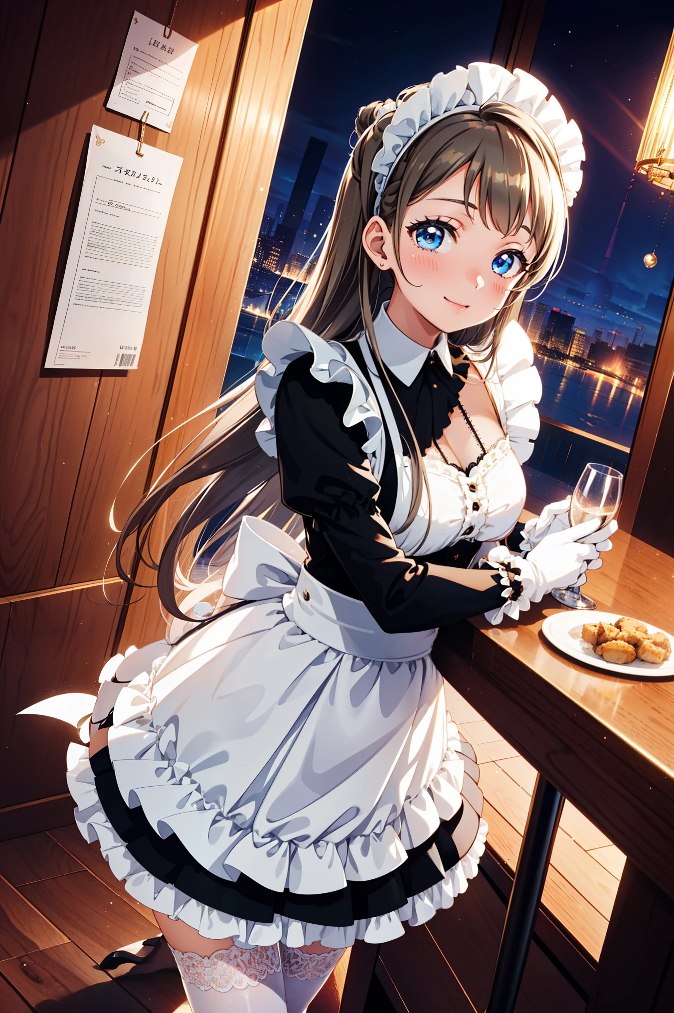 Teenage Girl，Attractions，have fun，in love，(Wearing a black modern and innovative maid outfit，Wearing stockings)，(White ruffle gloves)，White hair，Sacred headdress，Transparent lace，Beautifully dressed，miniskirt，Dining room，Gorgeous scene，(night:1.1)，Delicate and beautiful face，