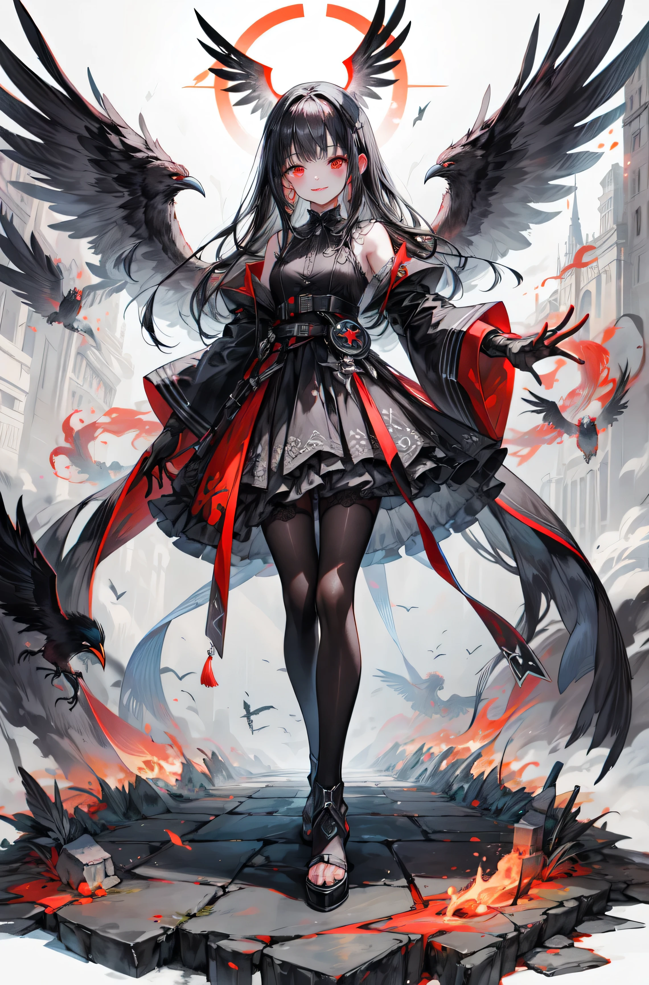 Long Black Hairアートステーション, White Background, Standing in the Wilderness,whole body、Equipped with Crow Gauntlets、Long Black Hair、A triumphant smile、Small breasts、, As if smoke and shadows were given shape, Wings made from giant crows, Dancing crow feathers, Many glowing red eyes, Shadow Claw, Supernatural Lightning and Fire, ((Black Sun)), 8k high resolution, Trend Art Station, whole body,Black Feather Dress、A whirlpool of countless red-eyed crows、