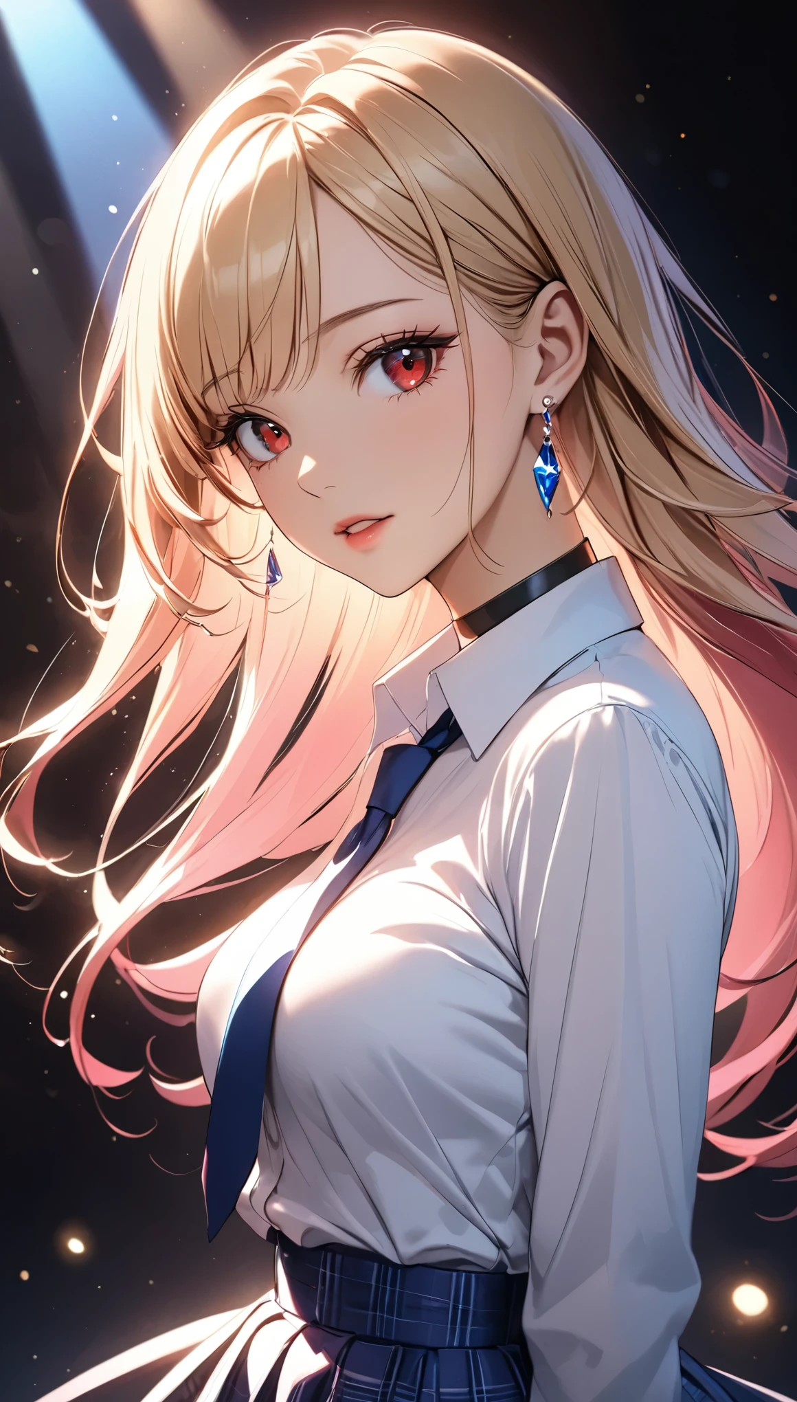 Beautiful single girl,  ((Kitagawa Marin)), Blonde, Straight Long Hair, Pink gradient hair, Red eyes, Earrings, White shirt, Black choker, Blue tie, Check skirt, Beautiful and detailed eyes, Beautifully detailed lips, Very detailedな目と顔, Long eyelashes, sexy, Clear skin, ((Expressionless, Mouth slightly open, Full body view, Low angle)), Background of dancing light particles, Random Pause, High Detail, high quality, 8k, Very detailed, Anime Style:1.2, Beautiful CG illustrations, Cinema Lighting, Vibrant, elegant, Female Curves, Shine肌, Shine, Chiaroscuro.
