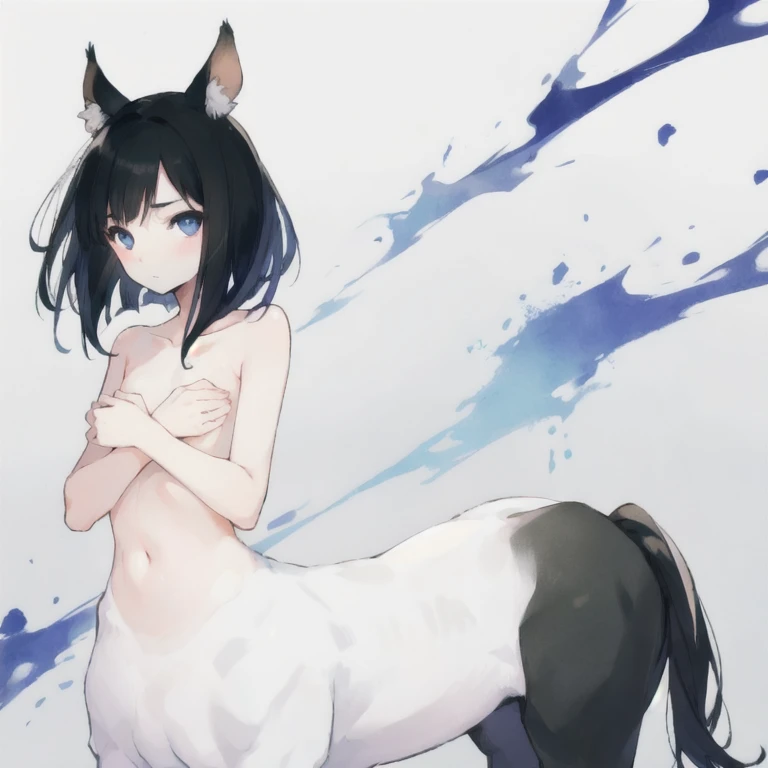 Hasaha, 1girl, solo, animal ears,  tail, brown eyes, pointy ears, black hair,  short hair, rabbit ears, blush,masterpiece, expensive quality, very_expensive_solve, big_file size, full color,(completely nude:1.2),pussy,niplles,