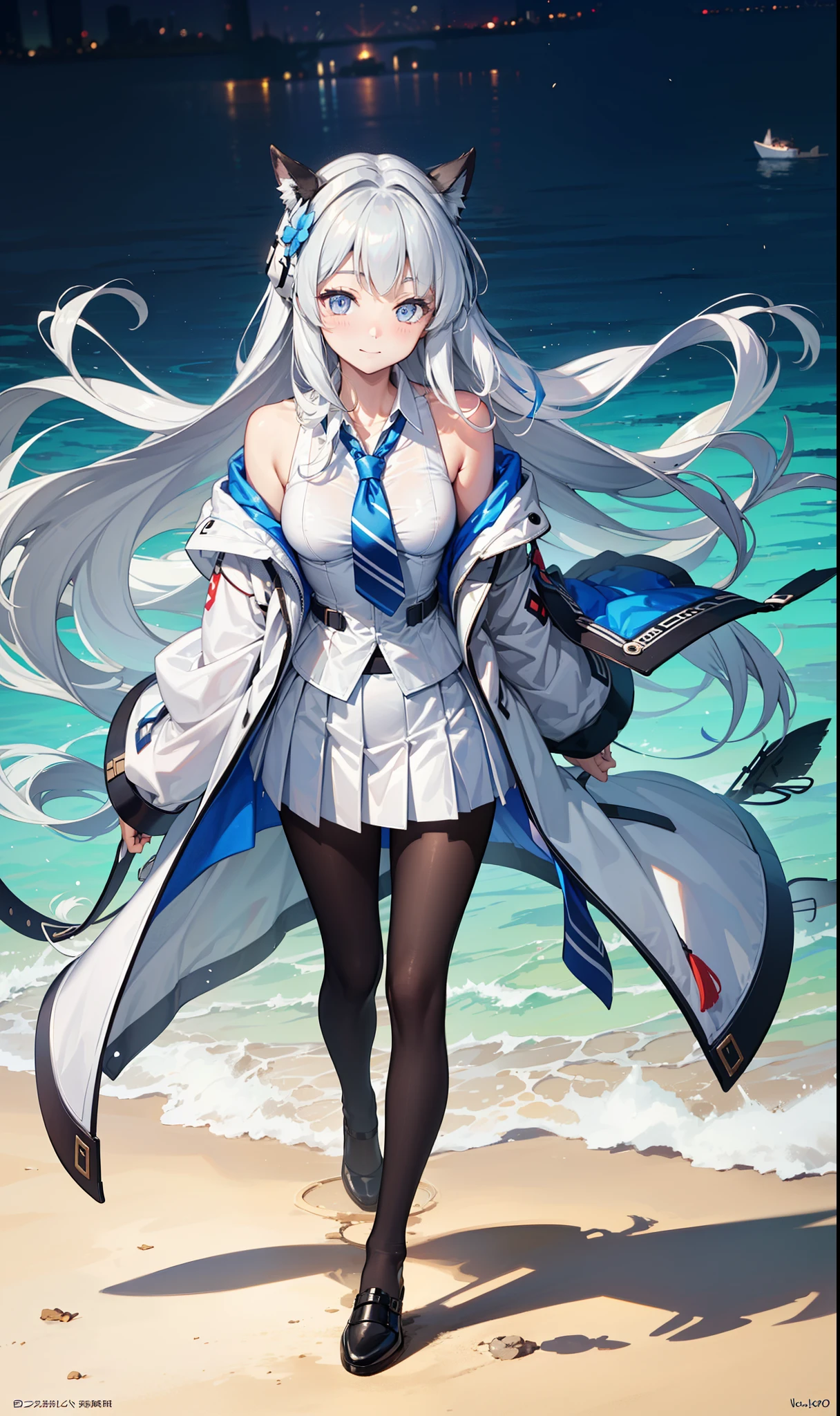 (The exquisite ushio noa), 8K, Ultra-high resolution, (masterpiece:1.2), (, Delicate and beautiful eyes), Extremely subtle, Solitary, Real light and shadow, permanent, Natural Movement, rest (Blue tie, White shirt, Off-shoulder, White jacket, Open-front jacket, Long sleeve, White skirt, Pleated Skirt, Black pantyhose), Mechanical housing，weapons，Floating，In battle，