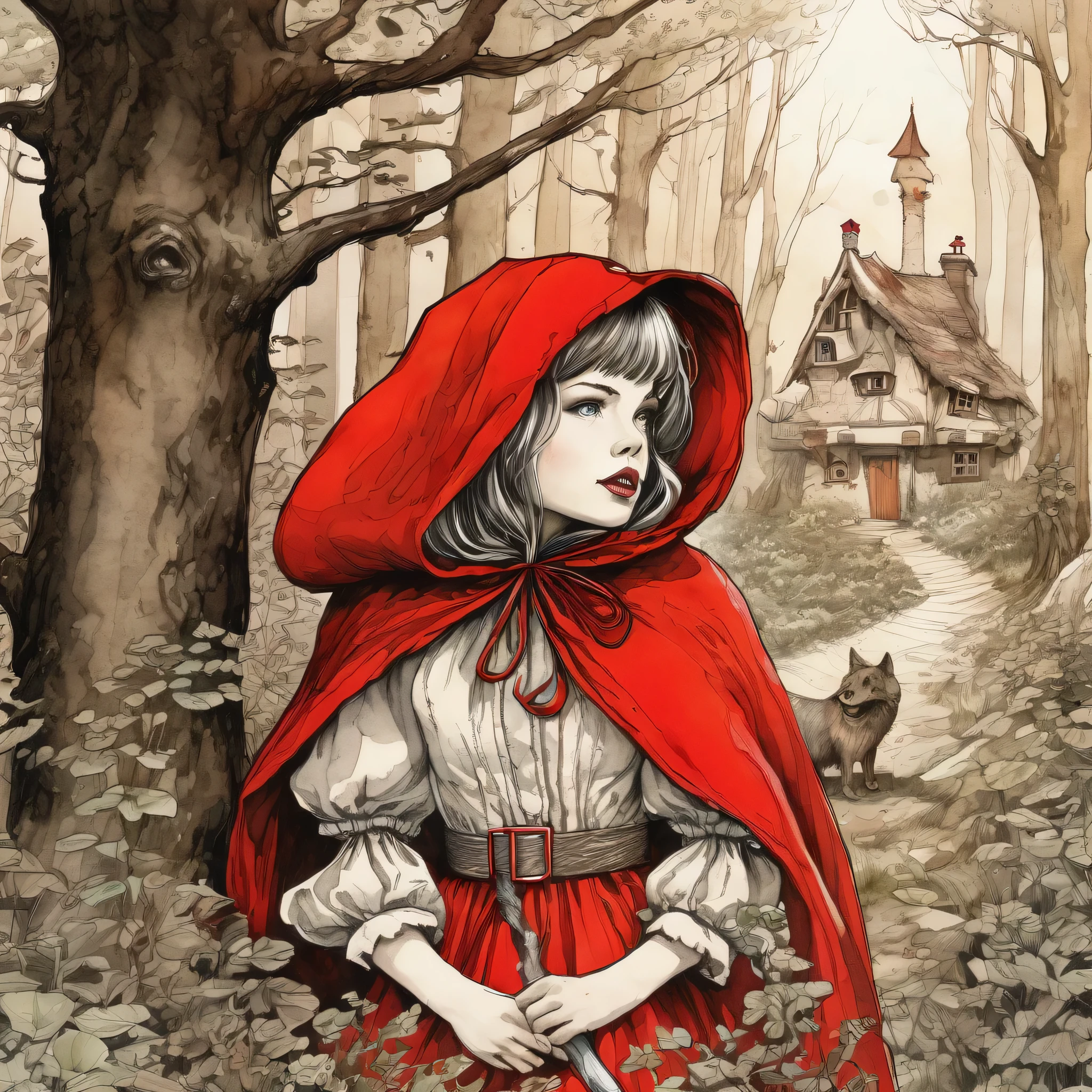 (super detailed, highest quality, 8k), Little Red Riding Hood editorial illustration, pen and ink and watercolor, sepia touches,