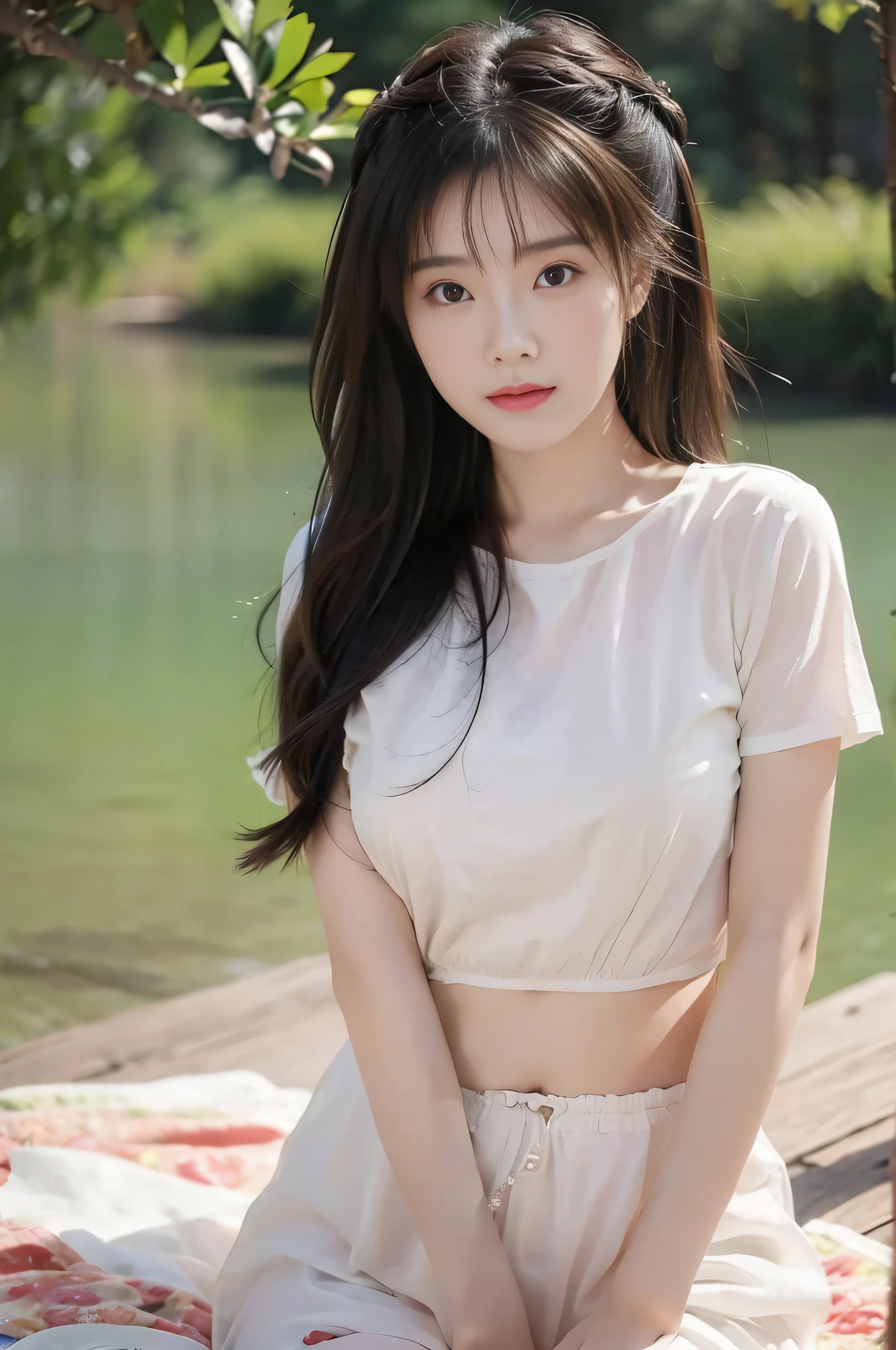 A beautiful Chinese girl，Hands on hips, hidden behind clothes，Medium length hair，Lying on the ground，Upper Body，Very full breasts，Full figure