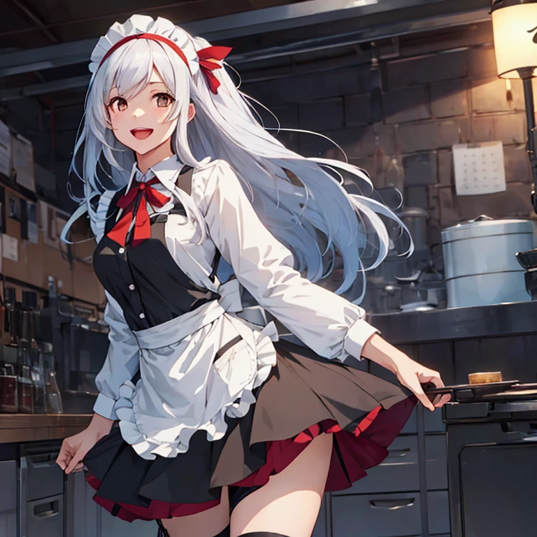 shoukaku_kantaicollection,
long_hair, hairband, white_hair, brown_eyes, smile, headband,
(masterpiece:1.4),(best quality:1.4), (premium:1.4), (great illustration:1.4), (ultra-detailed:1.4),(art CG, 8K),KonishiCSA,1girl solo, full body, 
maid_cosplay, solo, enmaided, simple background, looking at viewer, long sleeves, 1girl, maid headdress, bangs, apron, long hair, maid, one side up, smile, open mouth, maid apron, white apron,