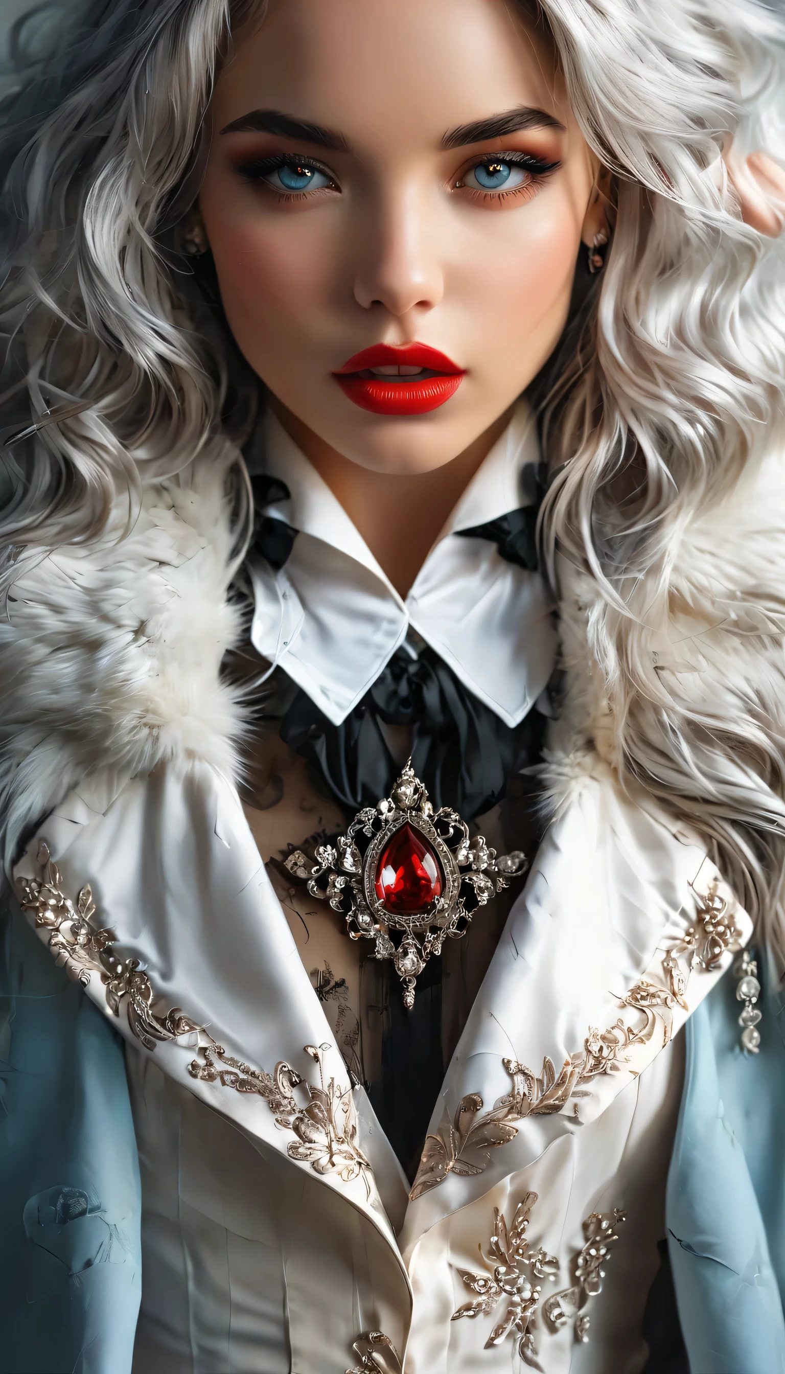 a portrait of vampire with a bloody tear coming down from he eye, an exotic beautiful female vampire, white hair color, dynamic hair style, ultra detailed face, best detailed face, silver eye color, ((1single red teardrop: 1.3)), ((tear drop made from blood)), ((teardrop coming down from the eye: 1.3)), there is a blue streak in the hair, vampire teeth, small cleavage, wearing two black diamond earrings, Ultra-high resolution, High Contrast, (masterpiece:1.5), highest quality, Best aesthetics), 16K fantasy art, best details, best quality, highres, (ultra wide angle: 1.2), 16k, [ultra detailed], masterpiece, best quality, (extremely detailed), ladyshadow, magical sky, crying style, vampire teeth