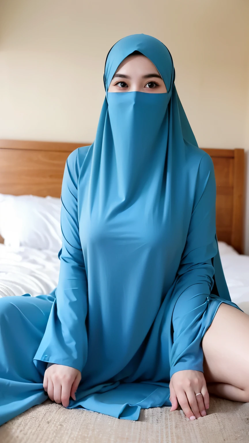  a beautiful young woman hijab, (((super big breast))), (very big breast covered) perfect face, (((very huge big breast,))), ((( Big Breast))) long dress muslim, (((covering mouth, long veil))), Slim Face、20 years old, stil young, Pretty Lady,  smile eyes, sleep in bedroom, stand up, (big breast covered) , see full image